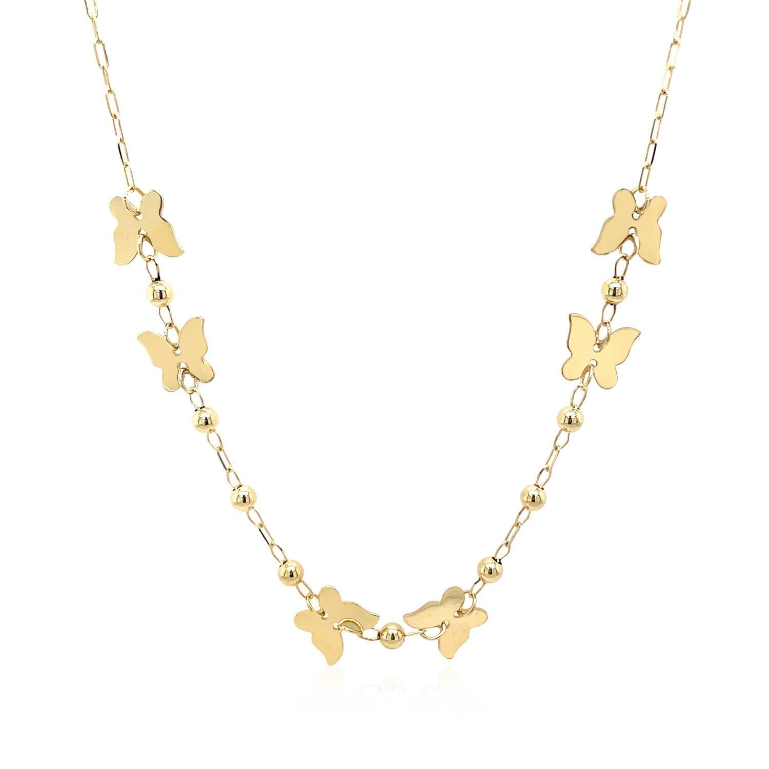 14k Yellow Gold 18 inch Necklace with Polished Butterflies and Beads DestGlow