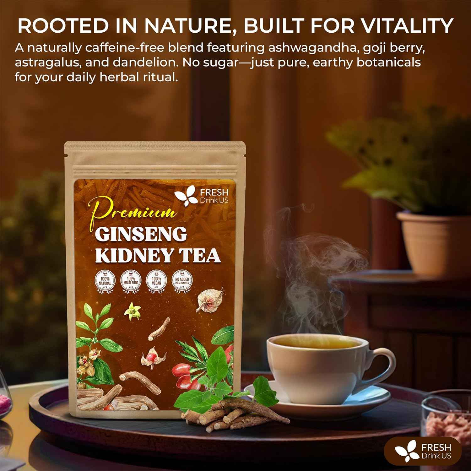 Ginseng 6 Treasures Kidney Tea, Super Kidney Cleanse Detox Tea For Men & Women, 100% Natural Roots & Berries | Caffeine-Free | Adaptogenic Blend for Energy, Wellness & Vitality Support