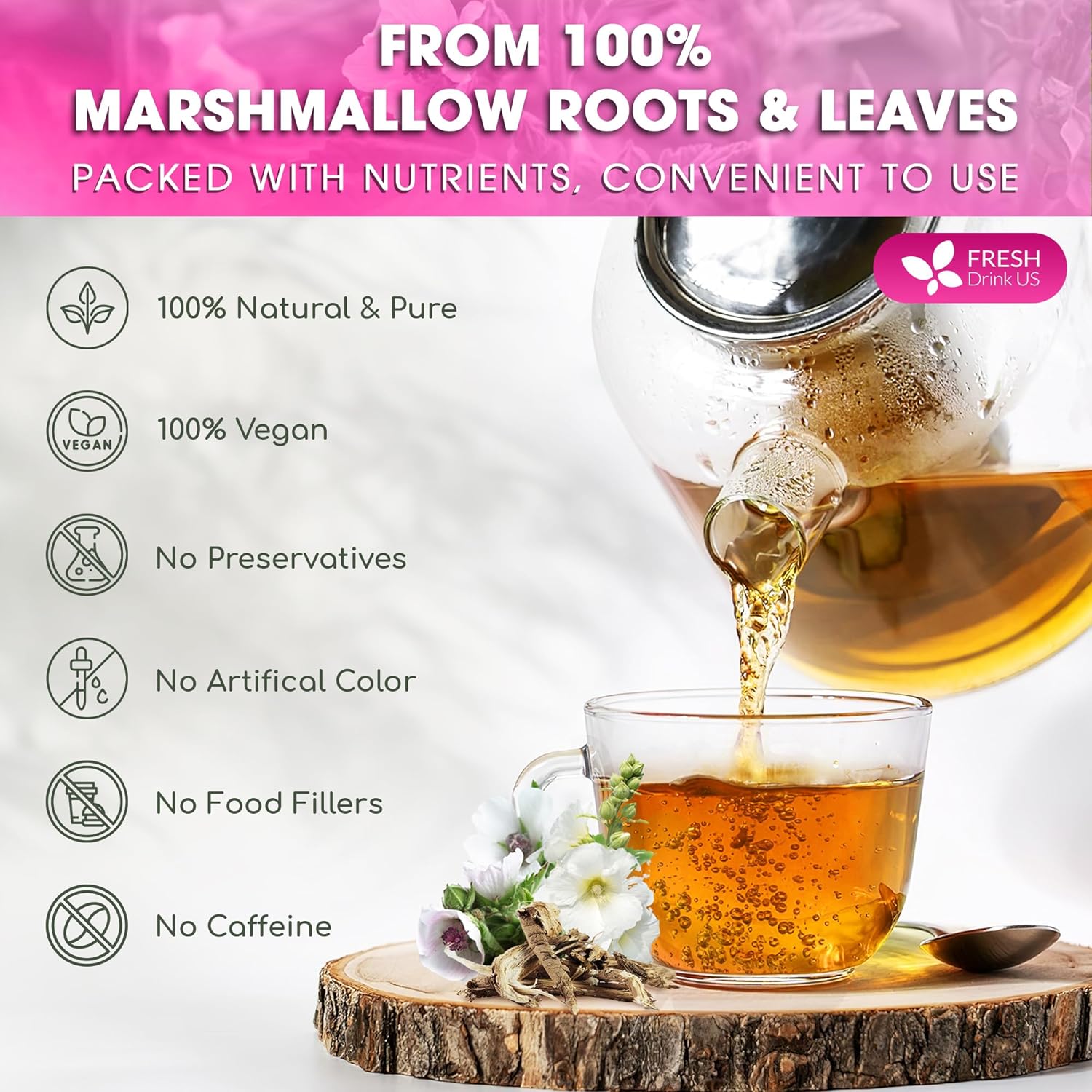 Premium Marshmallow Root and Leaf Tea Bags, 100% Natural & Pure. by FreshDrinkUS - Natural and Premium Herbal Tea