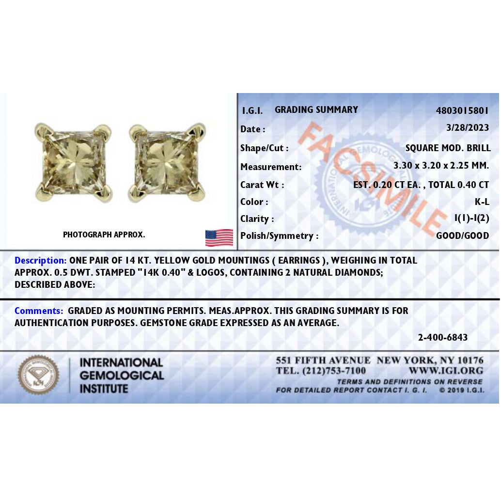 IGI Certified 3/8 Cttw Princess-Cut Square Diamond 4-Prong Solitaire Stud Earrings in 14K Yellow Gold (K-L Color, I1-I2 Clarity) by Bids.com