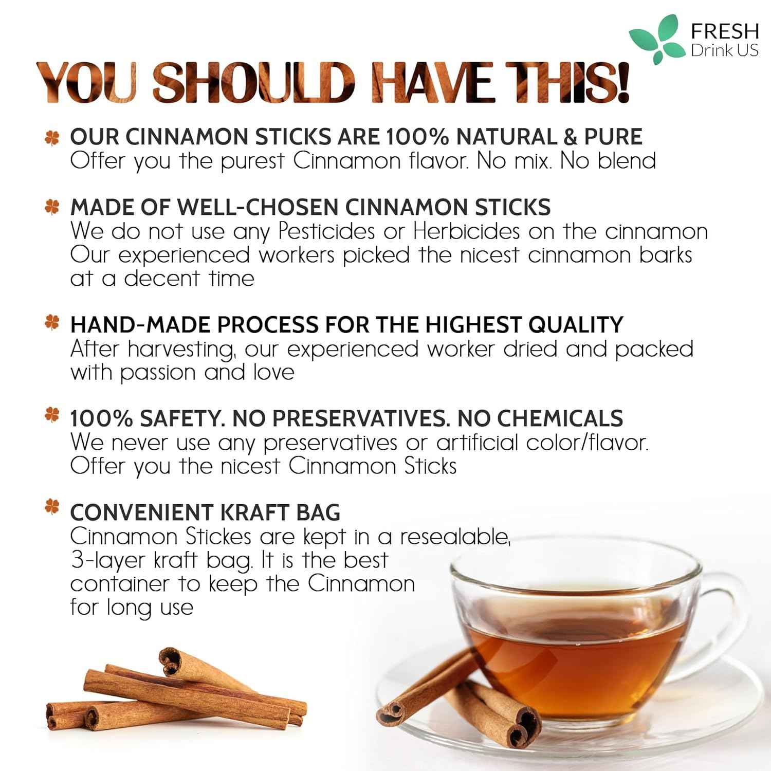 Cinnamon Sticks, Whole Sticks, 100% Natural & Pure Cinnamon Inner Bark, Raw Cinnamon Spice Flavor & Strong Aroma, Cinnamon Spice Herbal Tea, Perfect for Warm Beverages, No Additives, Vegan