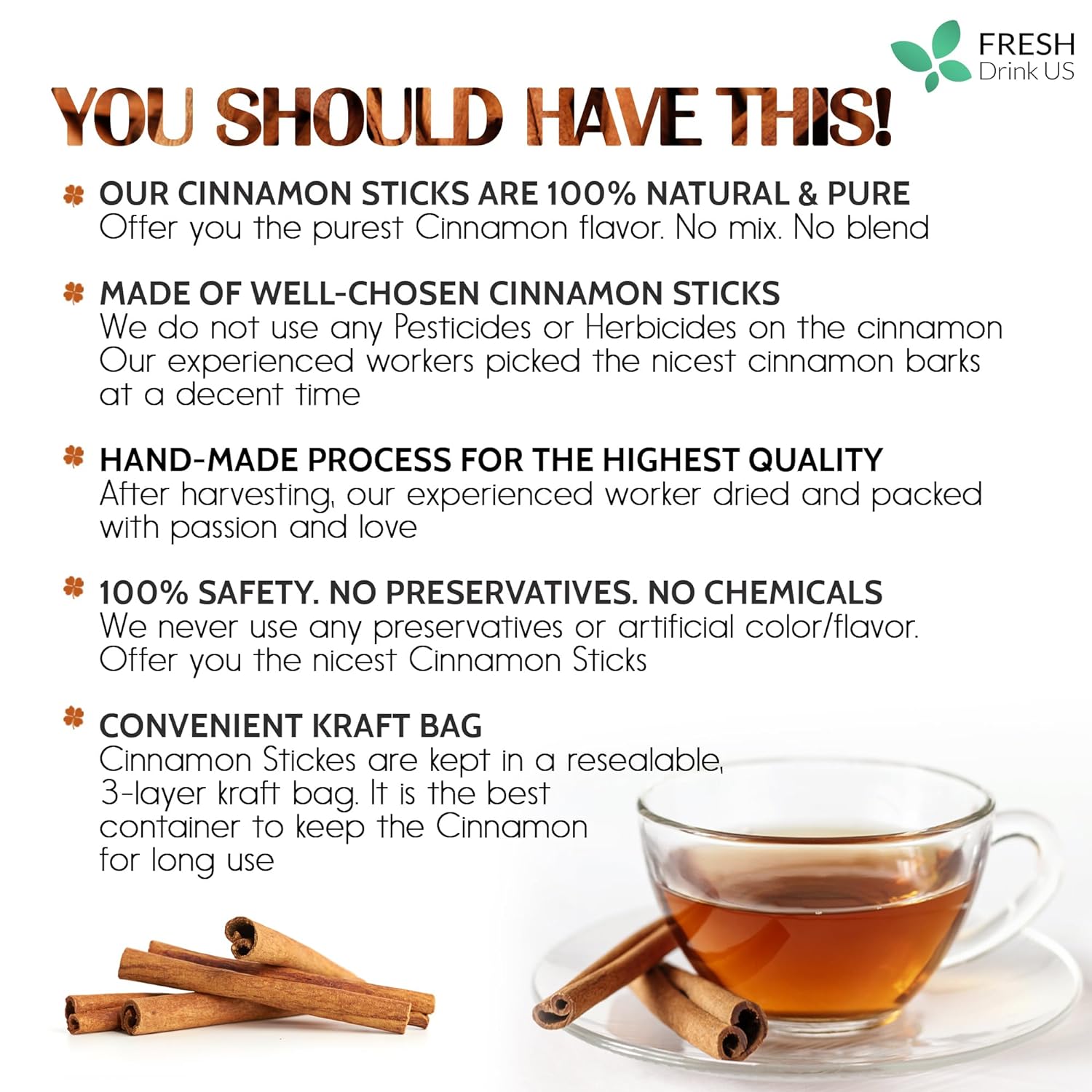 Cinnamon Sticks, Whole Sticks, 100% Natural & Pure Cinnamon Inner Bark, Raw Cinnamon Spice Flavor & Strong Aroma, Cinnamon Spice Herbal Tea, Perfect for Warm Beverages, No Additives, Vegan by FreshDrinkUS - Natural and Premium Herbal Tea