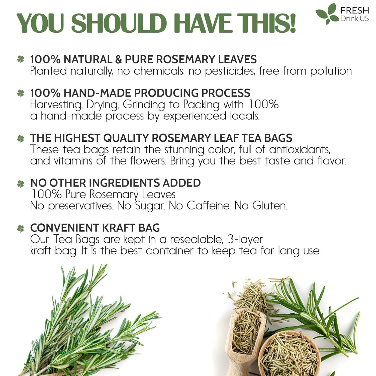 Premium Rosemary Leaves, Tea Bags, Powder, 100% Natural & Pure from Dried Rosemary Leaves, No Additives, No Caffeine, Vegan. Dried Rosemary Herb, Perfect for Seasoning, Spice Blends for Grilling & Cooking by FreshDrinkUS - Natural and Premium Herbal Tea
