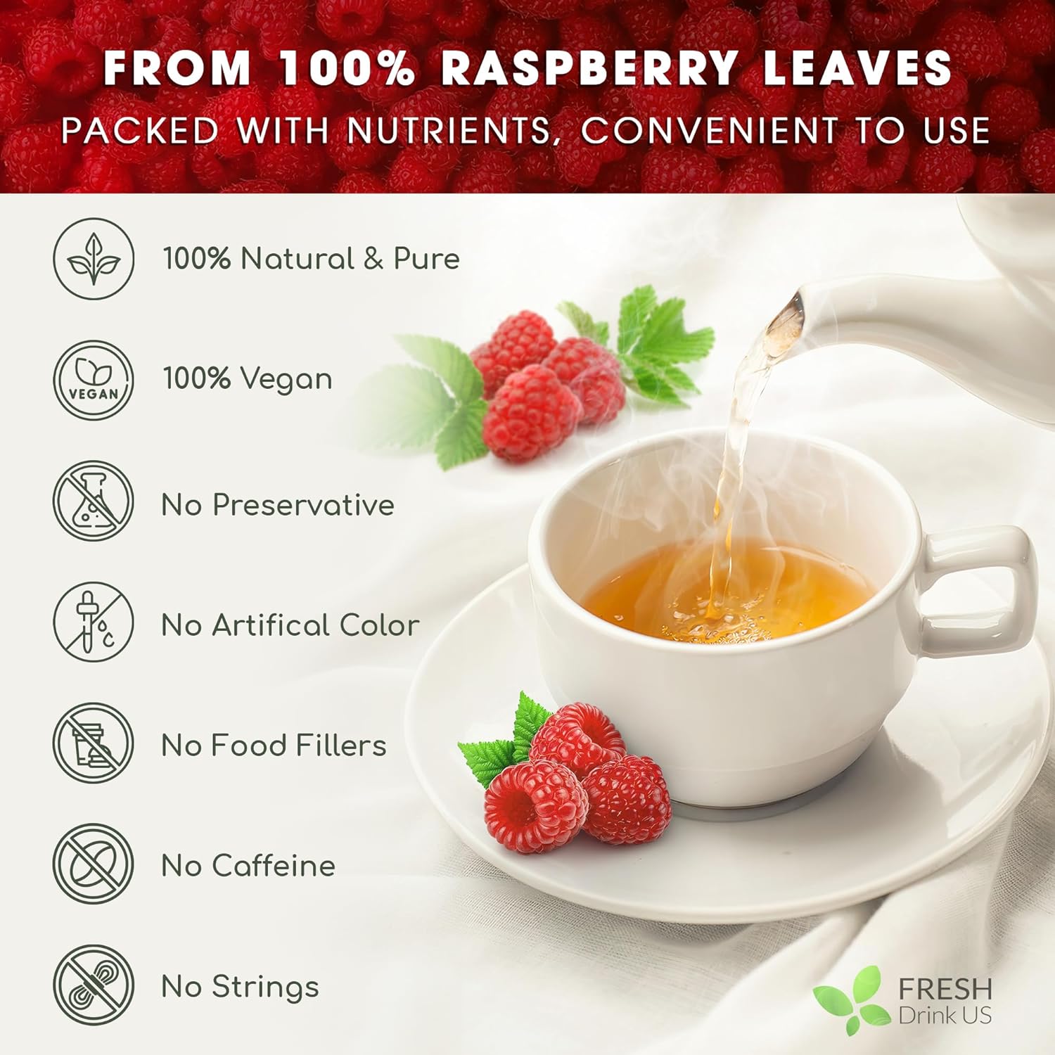 Raspberry Leaf Tea Bags, 100% Natural & Pure from Raspberry Leaves. Loose Leaf Raspberry Herbal Tea, Made with Natural Material Tea Bags, Raspberry Leaf Tea. No Sugar, No Caffeine, No Gluten, Vegan. by FreshDrinkUS - Natural and Premium Herbal Tea