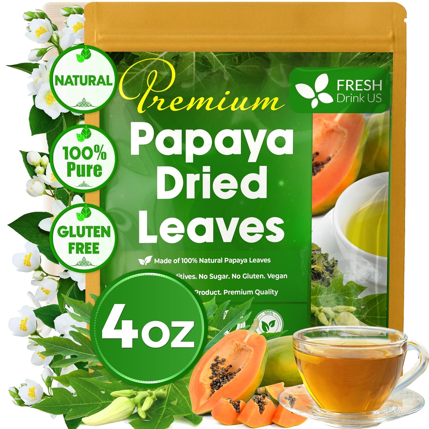 Premium Papaya Dried Leaves, Papaya Loose Leaf Herbal Tea, No Additives, No Caffeine, Vegan by FreshDrinkUS - Natural and Premium Herbal Tea