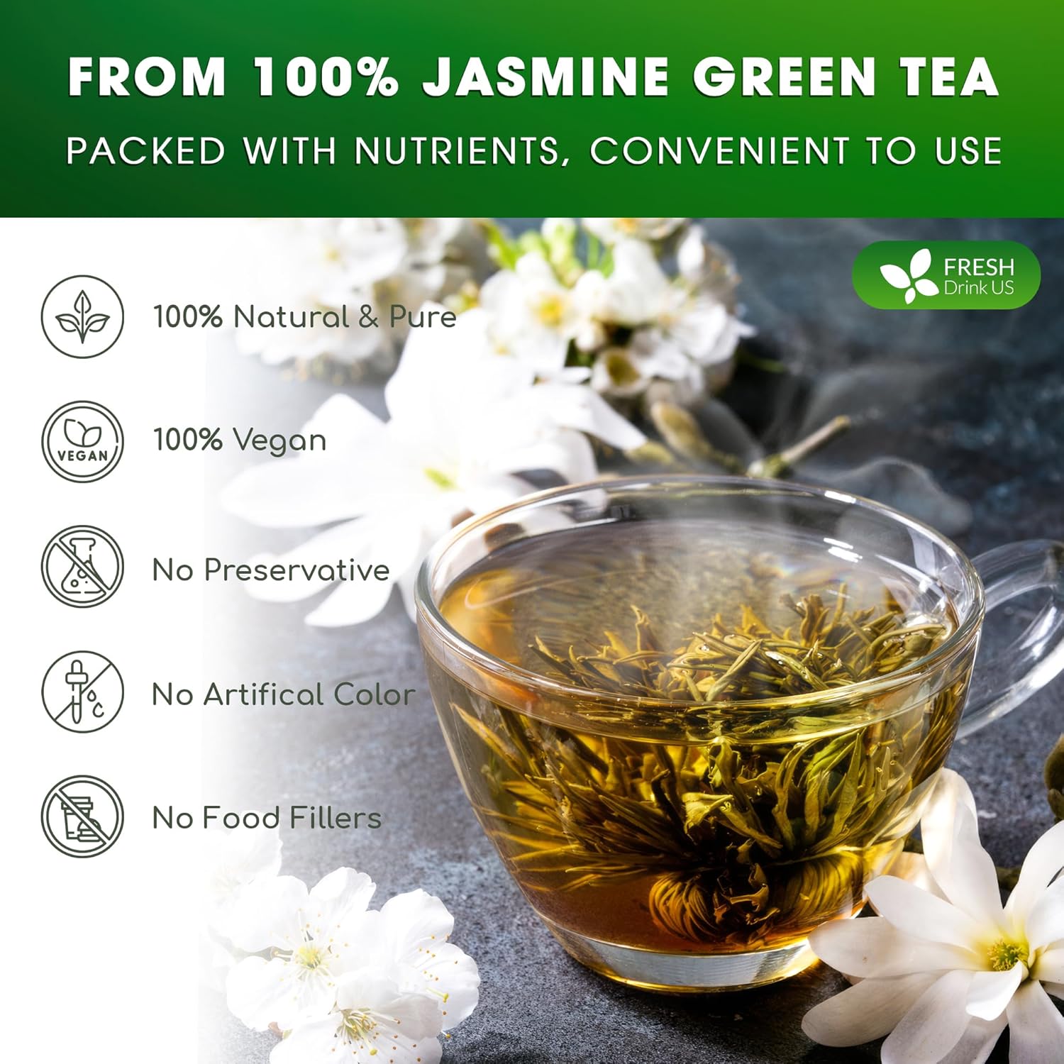 Premium Jasmine Green Tea Bags. Jasmine Green Herbal Tea. Made with Natural Material Tea Bags. No Sugar, No Gluten, Vegan. by FreshDrinkUS - Natural and Premium Herbal Tea