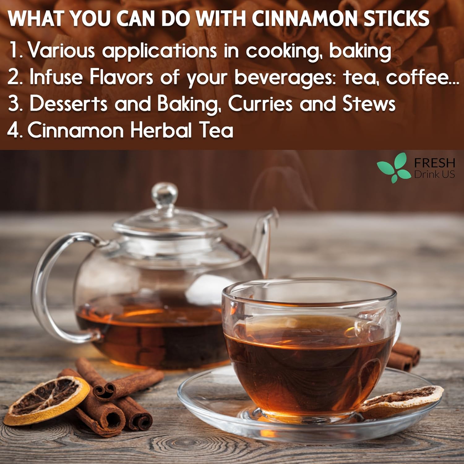 Cinnamon Sticks, Whole Sticks, 100% Natural & Pure Cinnamon Inner Bark, Raw Cinnamon Spice Flavor & Strong Aroma, Cinnamon Spice Herbal Tea, Perfect for Warm Beverages, No Additives, Vegan by FreshDrinkUS - Natural and Premium Herbal Tea