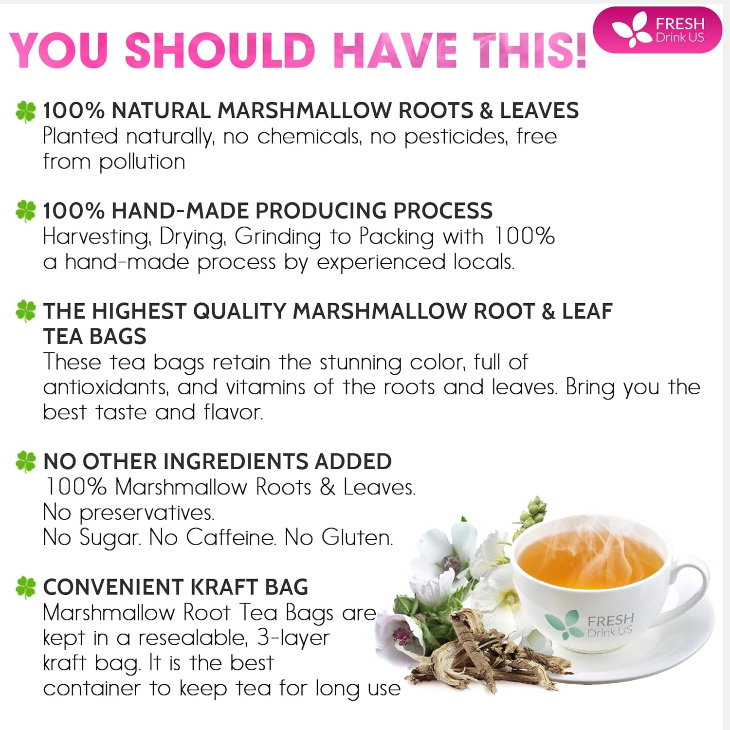 Premium Marshmallow Root and Leaf Tea Bags, 100% Natural & Pure. by FreshDrinkUS - Natural and Premium Herbal Tea
