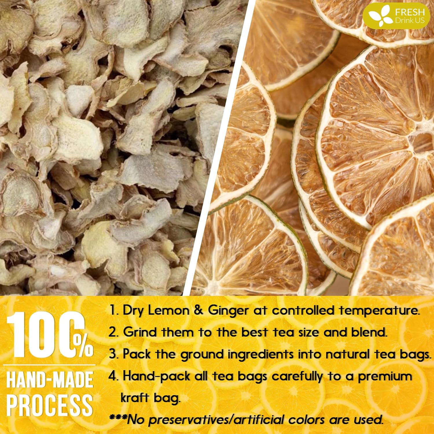 Premium Lemon Ginger Tea Bag, Eco-conscious Tea Bags. Lemon Ginger Herbal Tea. No Sugar, No Caffeine, No Gluten, Vegan. by FreshDrinkUS - Natural and Premium Herbal Tea