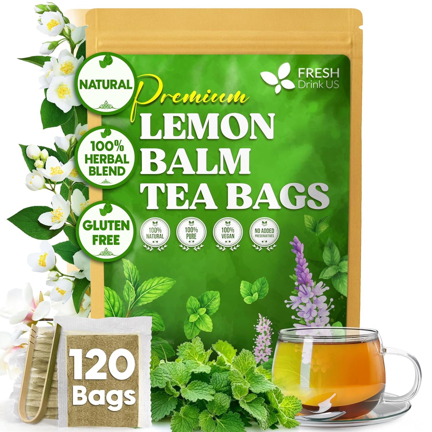 Premium Lemon Balm Leaf Tea Bags, 100% Natural & Pure from Lemon Balm Leaves. Loose Leaf Lemon Balm Herbal Tea. Lemon Balm Leaf Tea. No Sugar, No Caffeine, No Gluten, Vegan. by FreshDrinkUS - Natural and Premium Herbal Tea