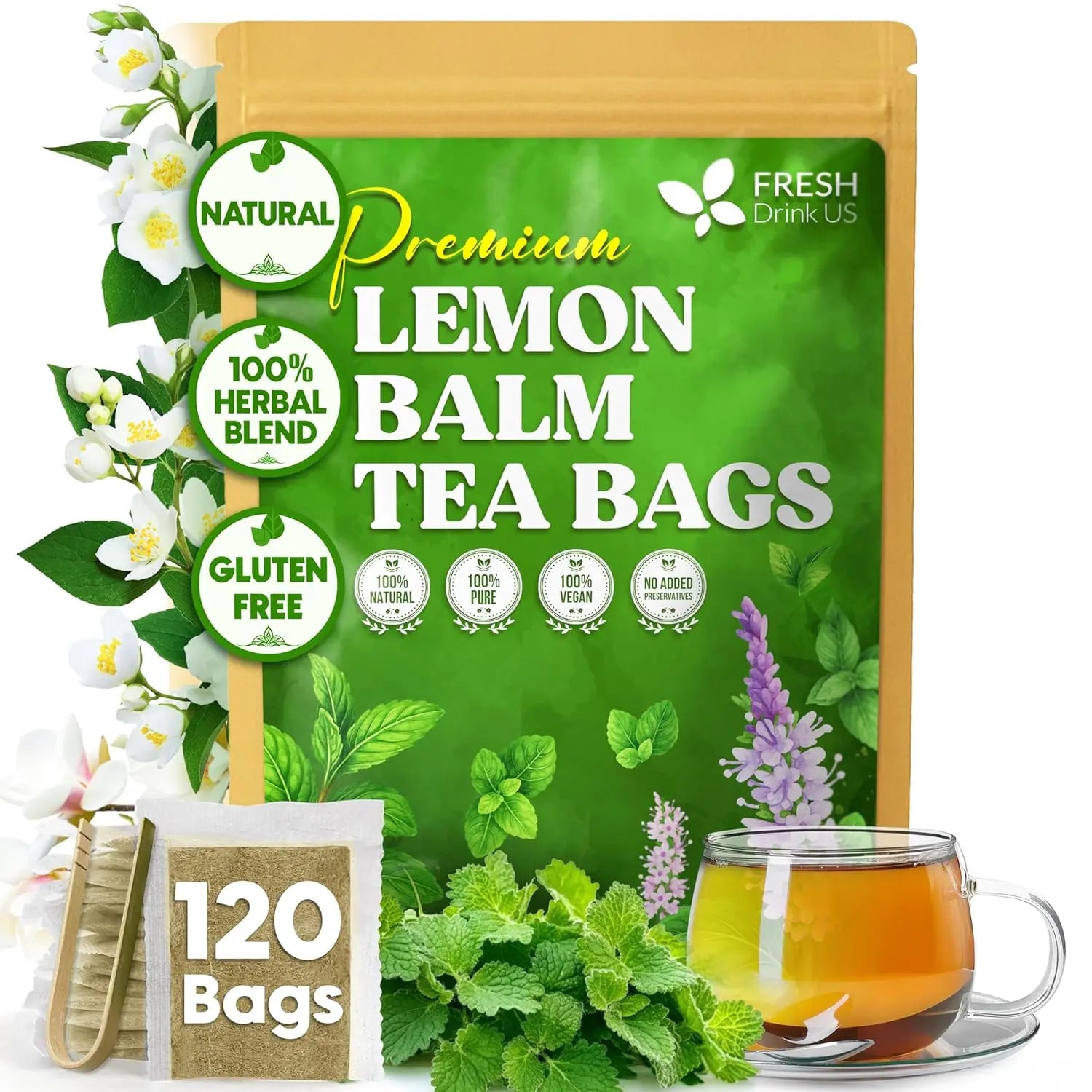 Premium Lemon Balm Leaf Tea Bags, 100% Natural & Pure from Lemon Balm Leaves. Loose Leaf Lemon Balm Herbal Tea. Lemon Balm Leaf Tea. No Sugar, No Caffeine, No Gluten, Vegan. by FreshDrinkUS - Natural and Premium Herbal Tea