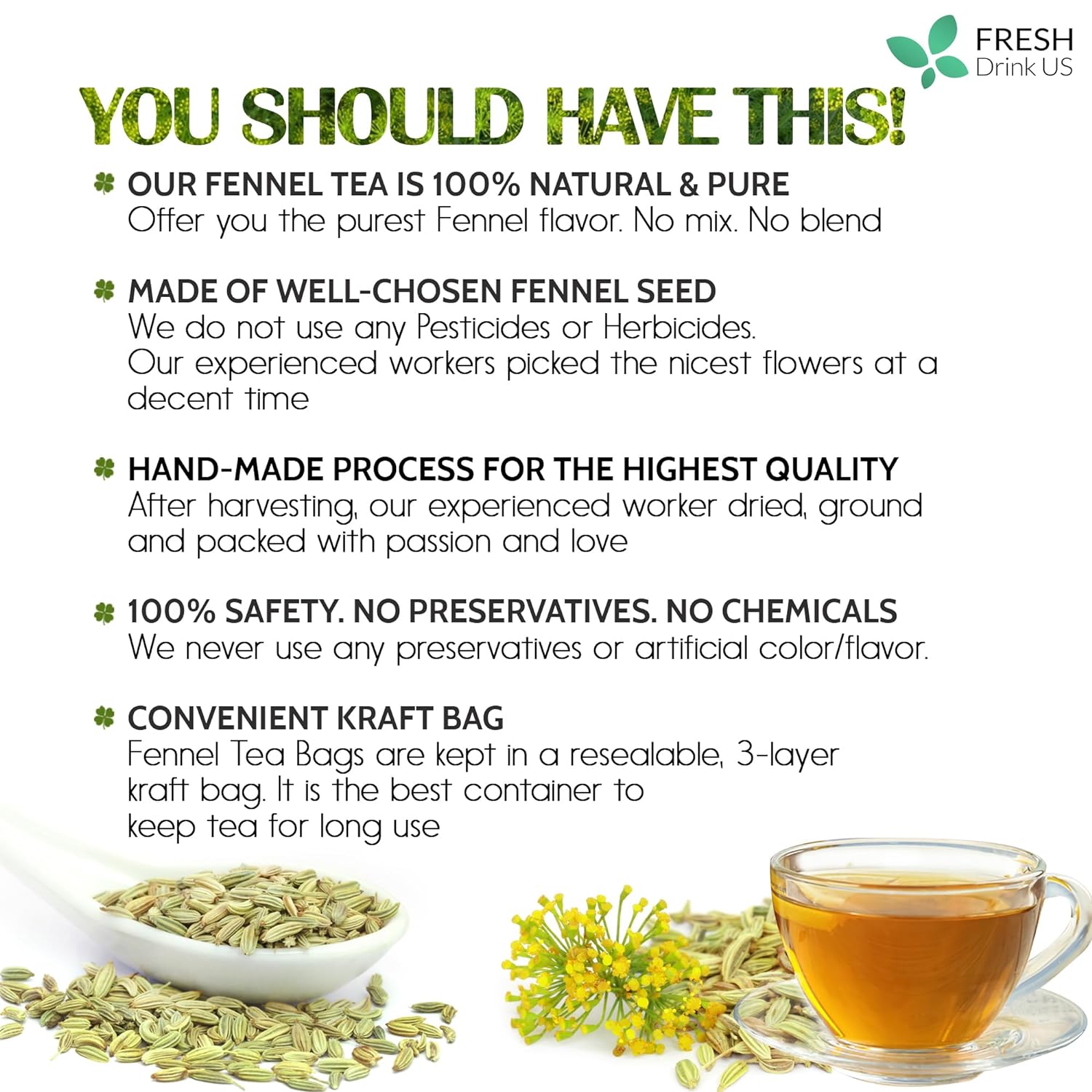 Premium Fennel Tea Bags, 100% Natural & Pure from Fennel Seeds. Fennel Seed Herbal Tea. Fennel Seed Tea. Made with Natural Material Tea Bags. No Sugar, No Caffeine, No Gluten, Vegan. by FreshDrinkUS - Natural and Premium Herbal Tea
