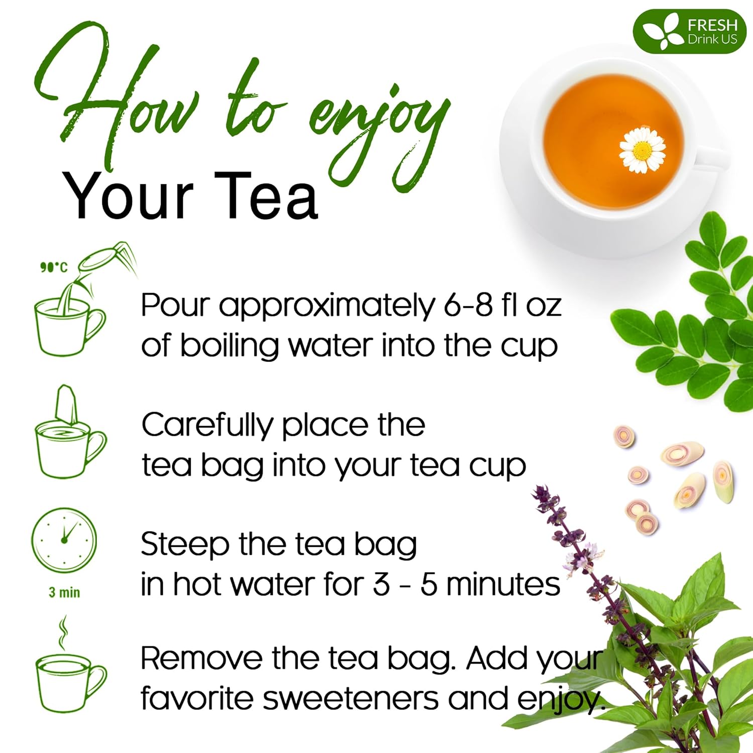 Premium Tulsi Moringa Lemongrass Tea Bags, 100% Natural & Pure from Tulsi Holy Basil Leaves, Moringa & Lemongrass. by FreshDrinkUS - Natural and Premium Herbal Tea