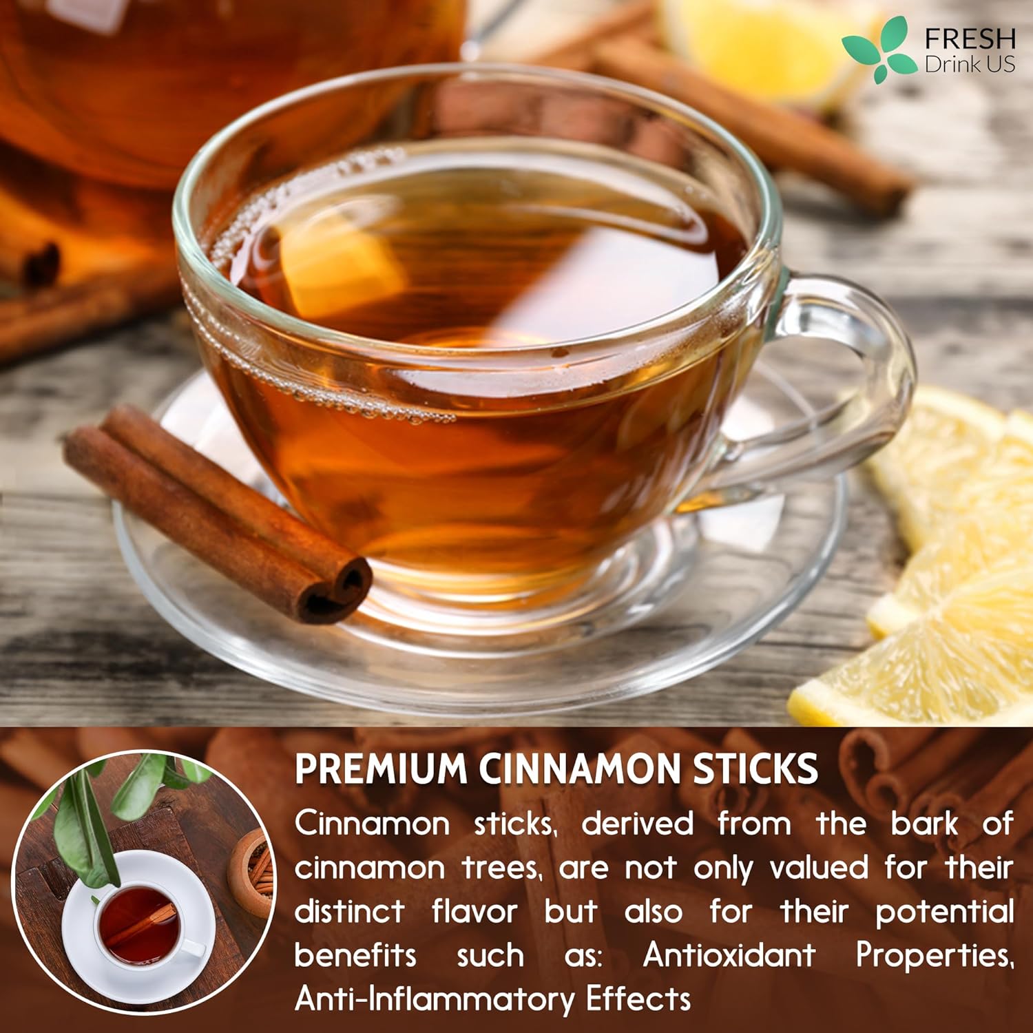 Cinnamon Sticks, Whole Sticks, 100% Natural & Pure Cinnamon Inner Bark, Raw Cinnamon Spice Flavor & Strong Aroma, Cinnamon Spice Herbal Tea, Perfect for Warm Beverages, No Additives, Vegan by FreshDrinkUS - Natural and Premium Herbal Tea