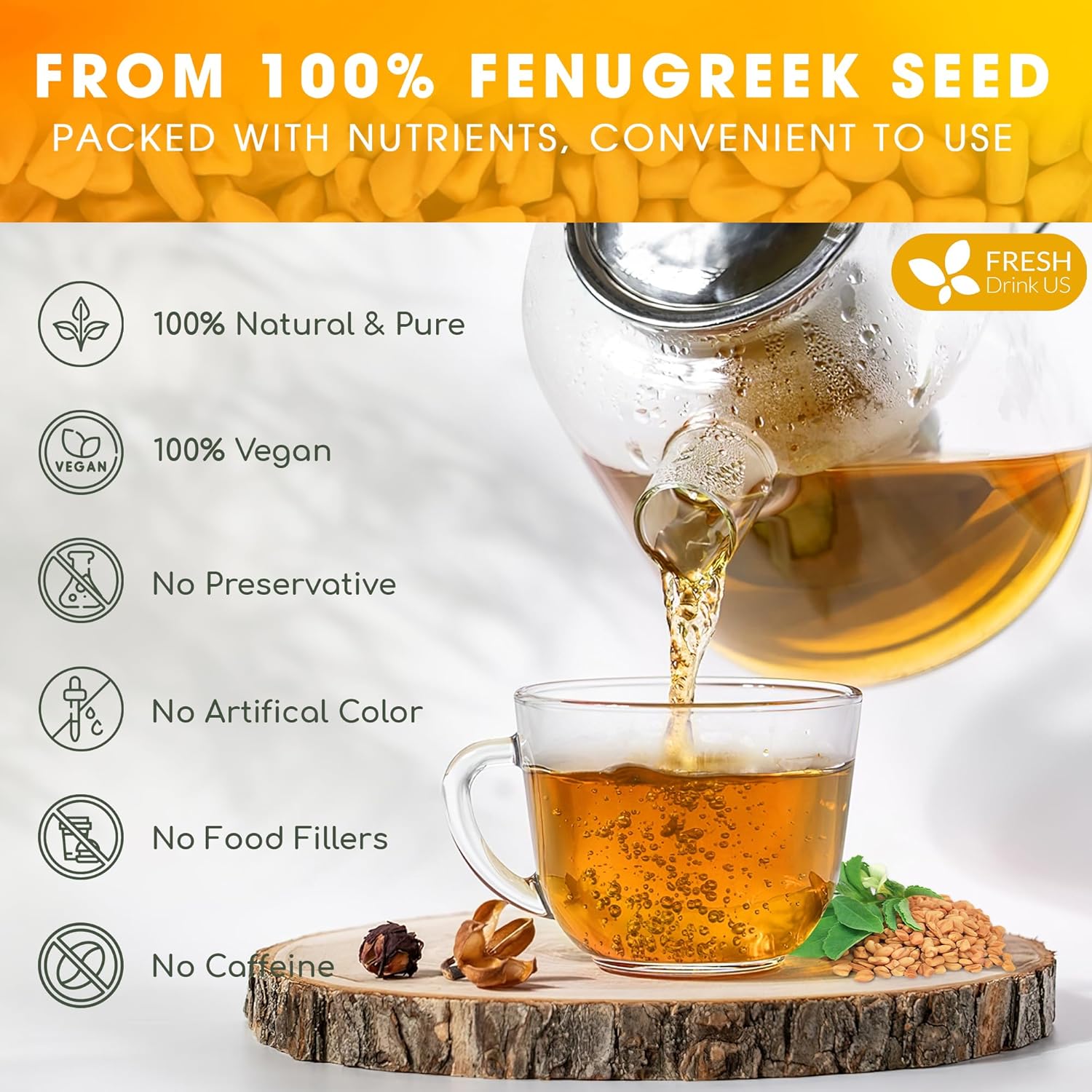 Premium Fenugreek Tea Bags. No Sugar, No Caffeine, No Gluten, Vegan. (30 Tea Bags) by FreshDrinkUS - Natural and Premium Herbal Tea