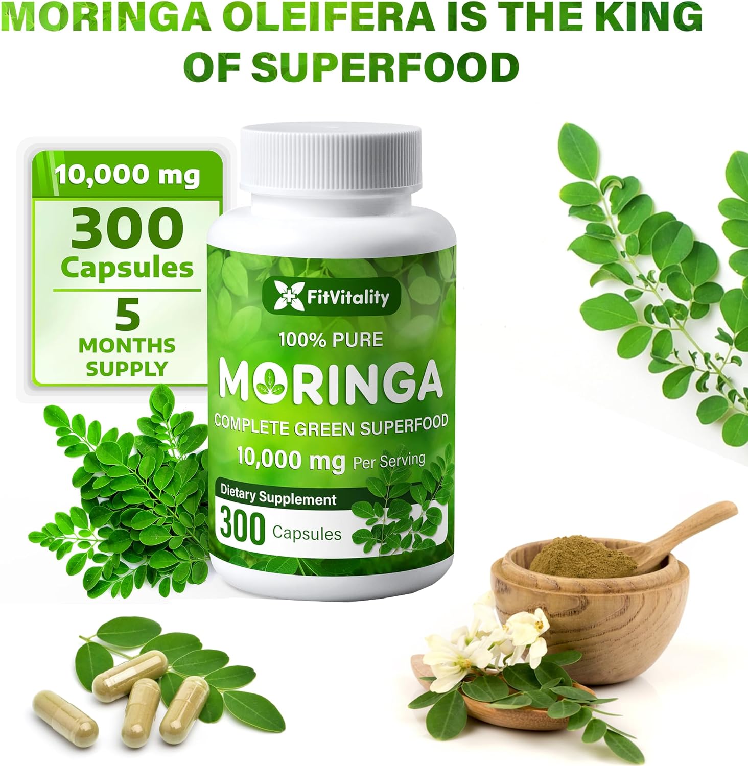 Moringa Capsules|300 Capsules|Moringa Oleifera|10,000mg by FreshDrinkUS - Natural and Premium Herbal Tea