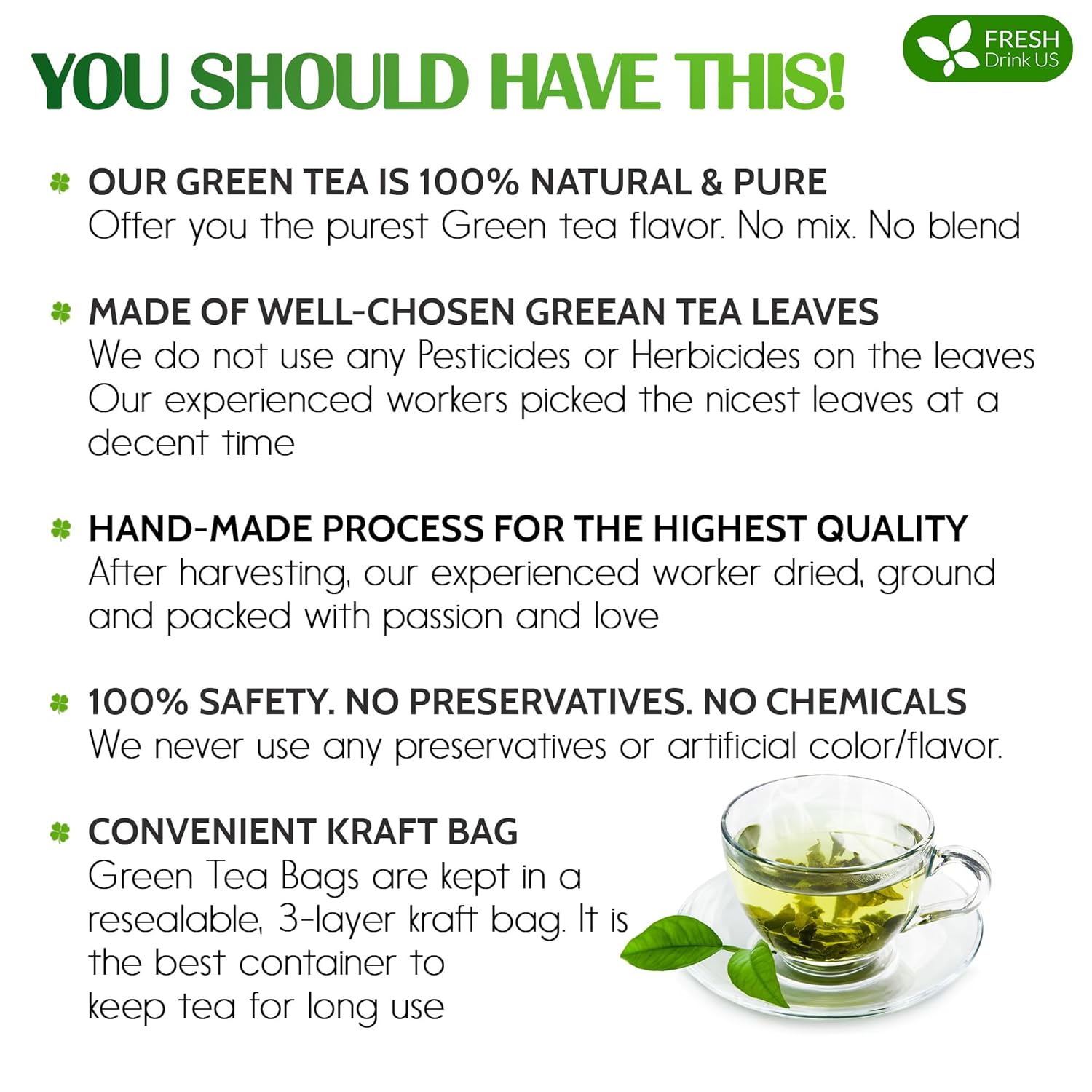 Premium Green Tea Bags, 100% Natural & Pure from Green Tea. Green Herbal Tea. No Sugar, No Gluten, Vegan by FreshDrinkUS - Natural and Premium Herbal Tea