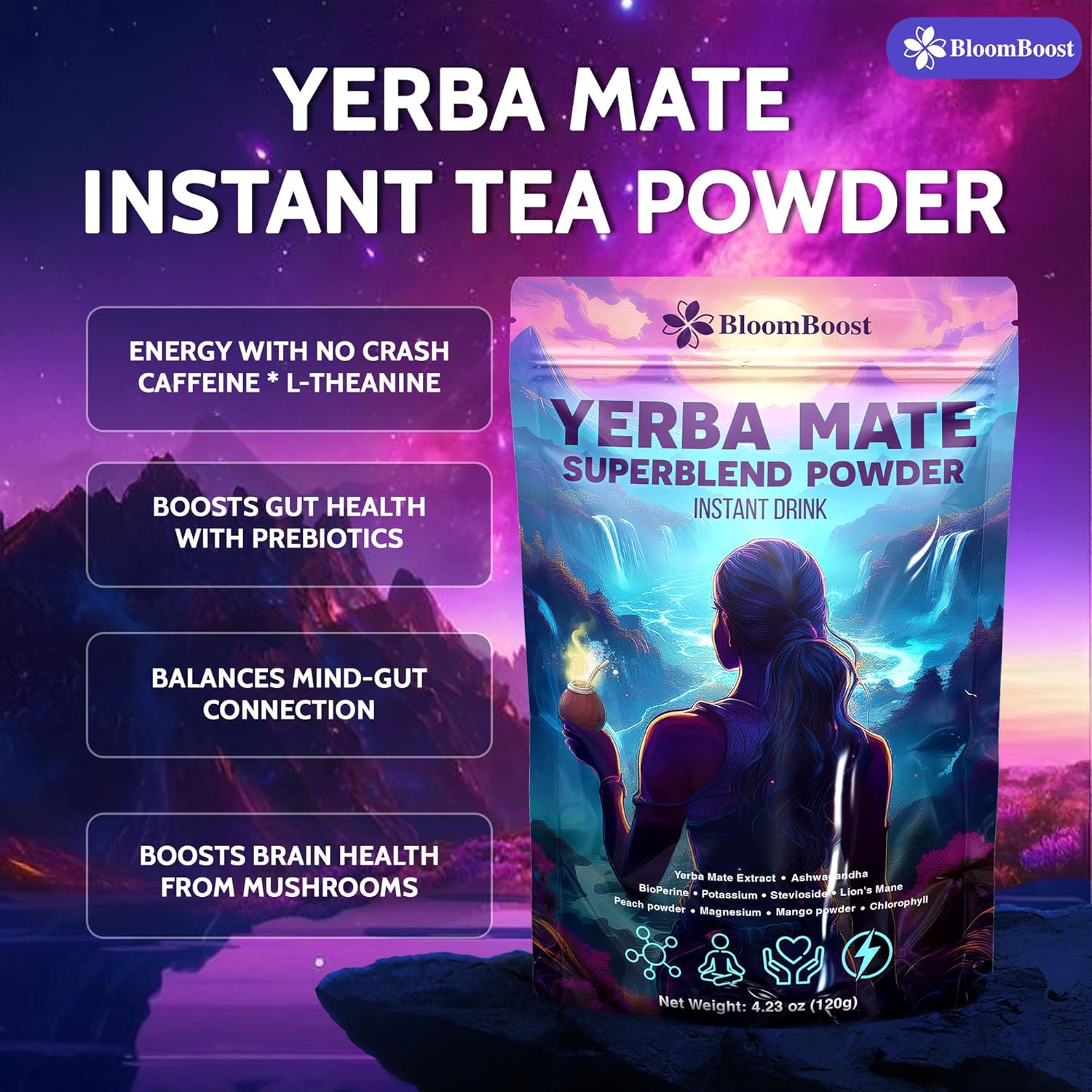 Yerba Mate Instant Tea Powder | Superfood Energy & Focus Blend by FreshDrinkUS - Natural and Premium Herbal Tea