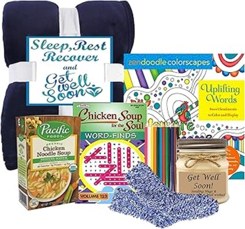 Sleep, Rest & Recover Get Well Gift - Blanket, Soup & Coloring Book for Women