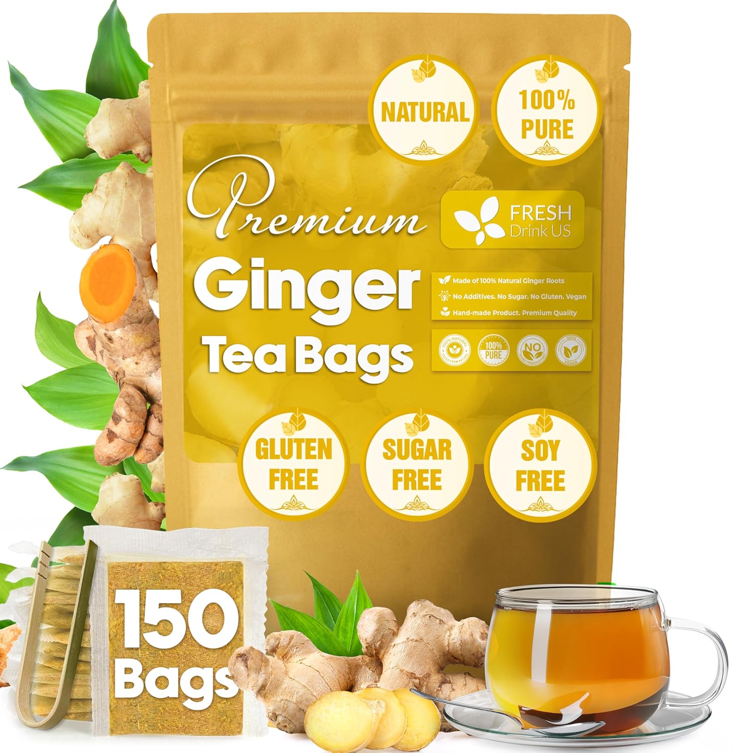 Premium Ginger Tea Bags, 100% Natural & Pure from Ginger Roots, Ginger Tea, Ginger Herbal Tea. Ginger Tea. No Sugar, No Caffeine, No Gluten, Vegan. by FreshDrinkUS - Natural and Premium Herbal Tea