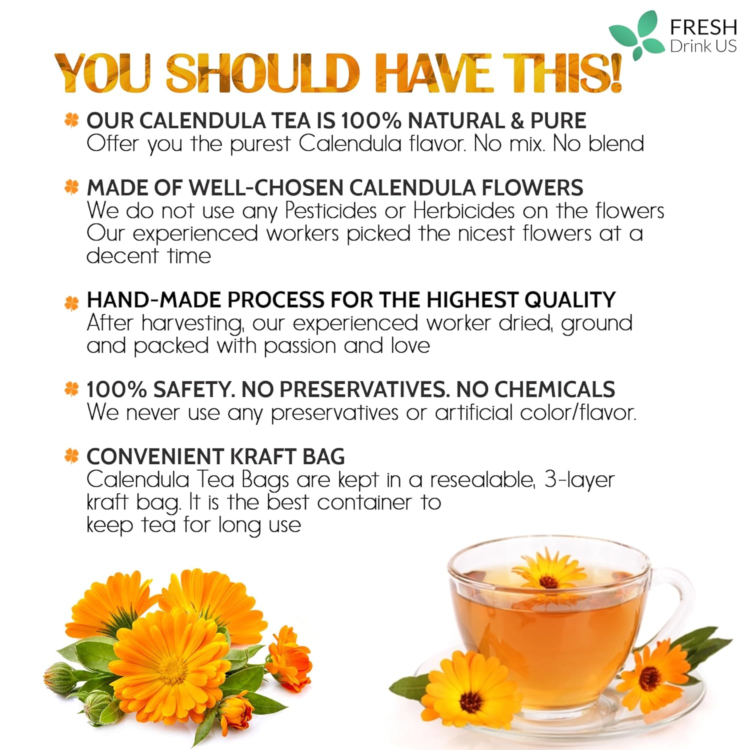 Calendula Tea Bags, 100% Natural and Pure Calendula Flowers, Eco-conscious Tea Bags. Calendula Flower Herbal Tea. No Sugar, No Caffeine, No Gluten, Vegan. by FreshDrinkUS - Natural and Premium Herbal Tea
