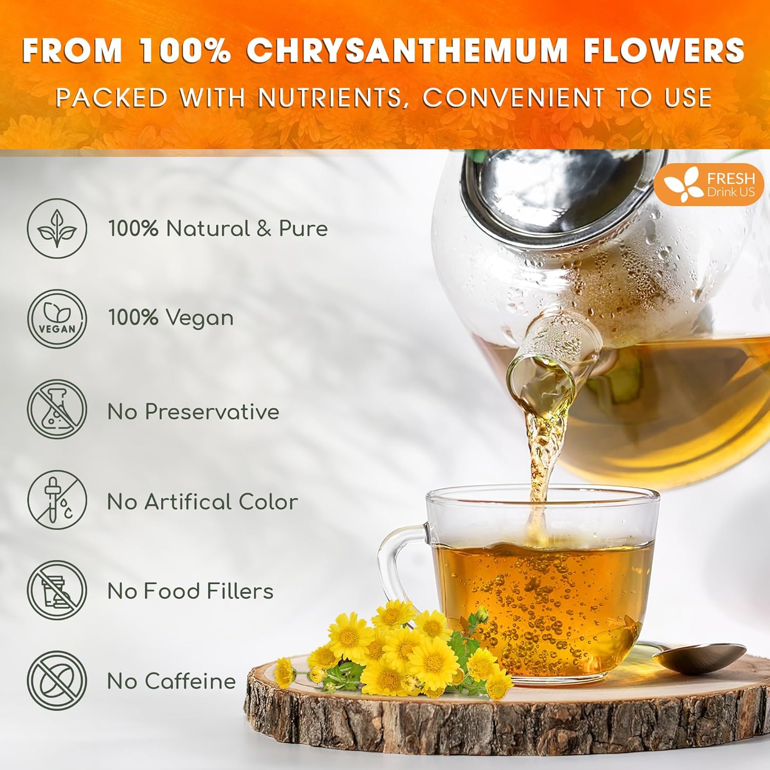 Premium Chrysanthemum Flower Tea Bags. Chrysanthemum Flower Herbal Tea. No Sugar, No Caffeine, No Gluten, Vegan. by FreshDrinkUS - Natural and Premium Herbal Tea