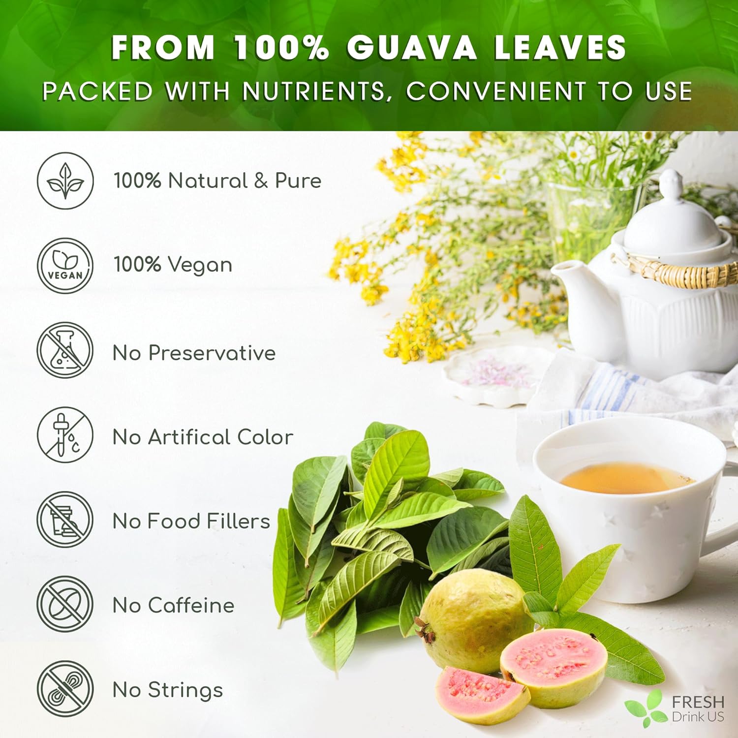 Premium Guava Leaf Tea Bags by FreshDrinkUS - Natural and Premium Herbal Tea