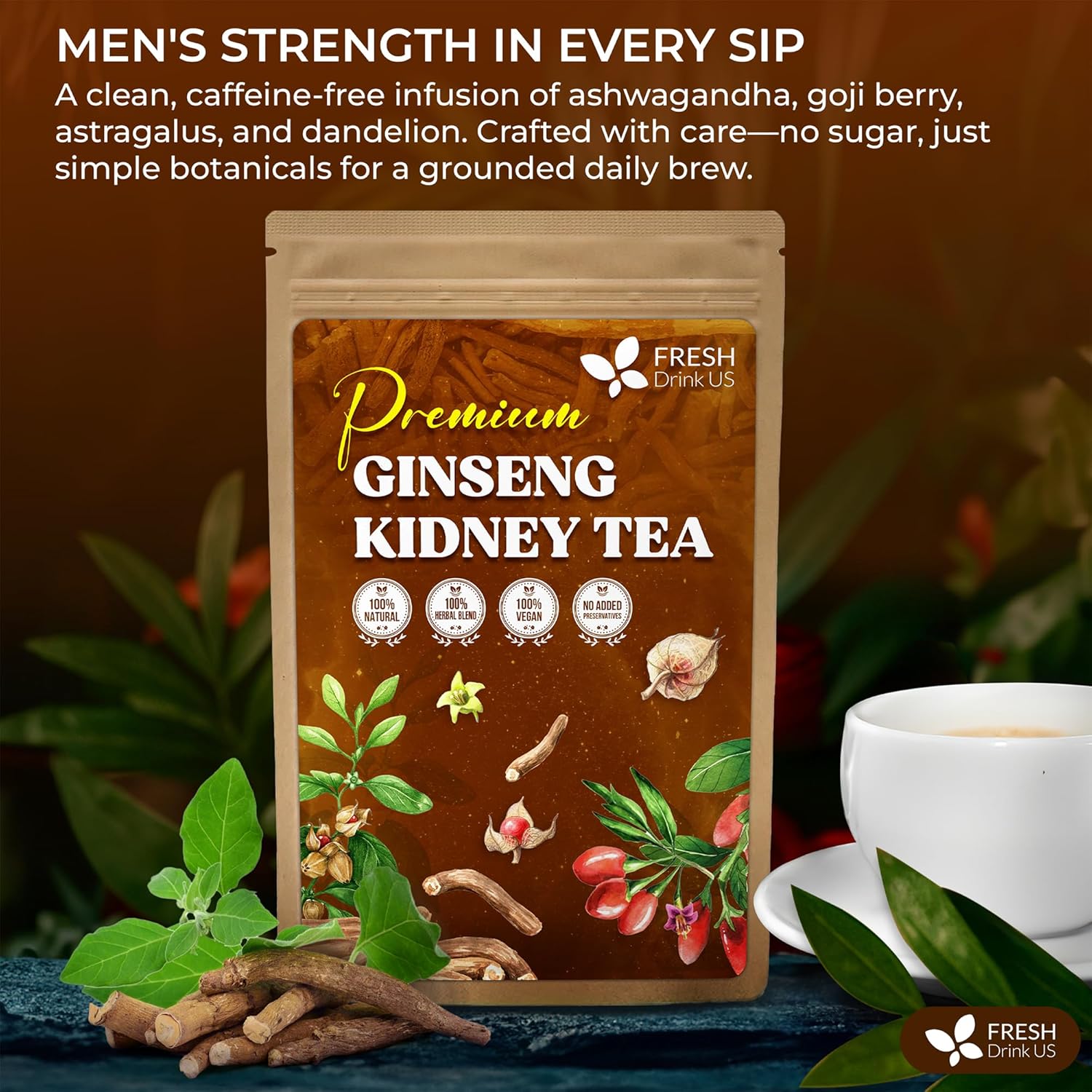 Ginseng 6 Treasures Kidney Tea, Super Kidney Cleanse Detox Tea For Men & Women, 100% Natural Roots & Berries | Caffeine-Free | Adaptogenic Blend for Energy, Wellness & Vitality Support by FreshDrinkUS - Natural and Premium Herbal Tea