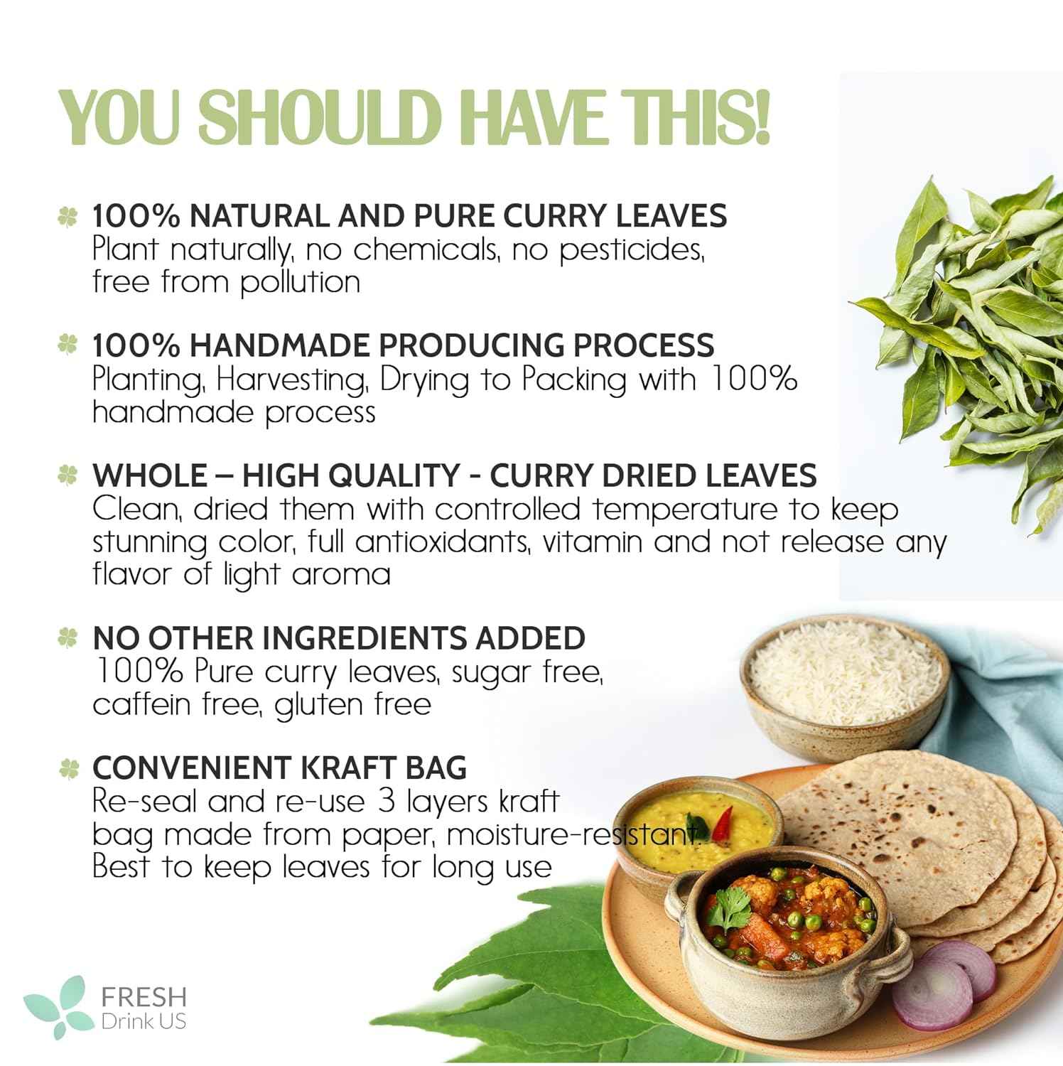 Premium Curry Leaves, Whole Dried Leaves, 100% Natural, Pure Curry Leaves, Hand-made, Wildcrafted, Indian Spice for Cooking, Curry Leaf Dried, No Additives, No Gluten, Vegan