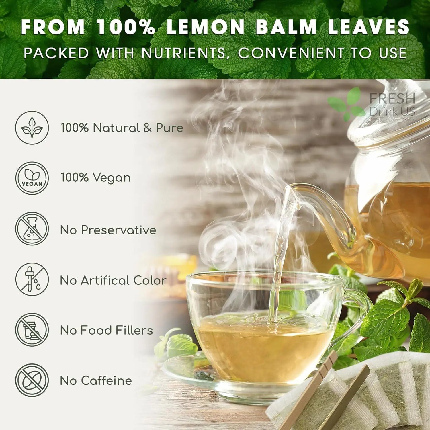 Premium Lemon Balm Leaf Tea Bags, 100% Natural & Pure from Lemon Balm Leaves. Loose Leaf Lemon Balm Herbal Tea. Lemon Balm Leaf Tea. No Sugar, No Caffeine, No Gluten, Vegan. by FreshDrinkUS - Natural and Premium Herbal Tea
