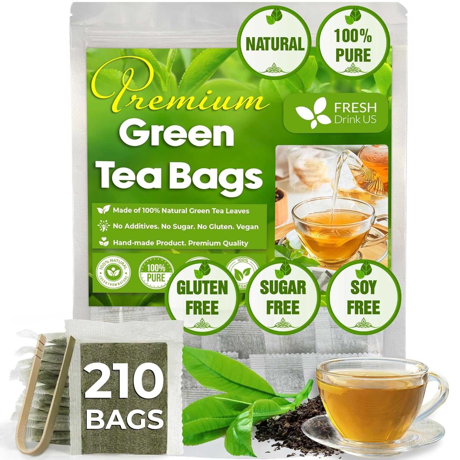 Premium Green Tea Bags, 100% Natural & Pure from Green Tea. Green Herbal Tea. No Sugar, No Gluten, Vegan by FreshDrinkUS - Natural and Premium Herbal Tea