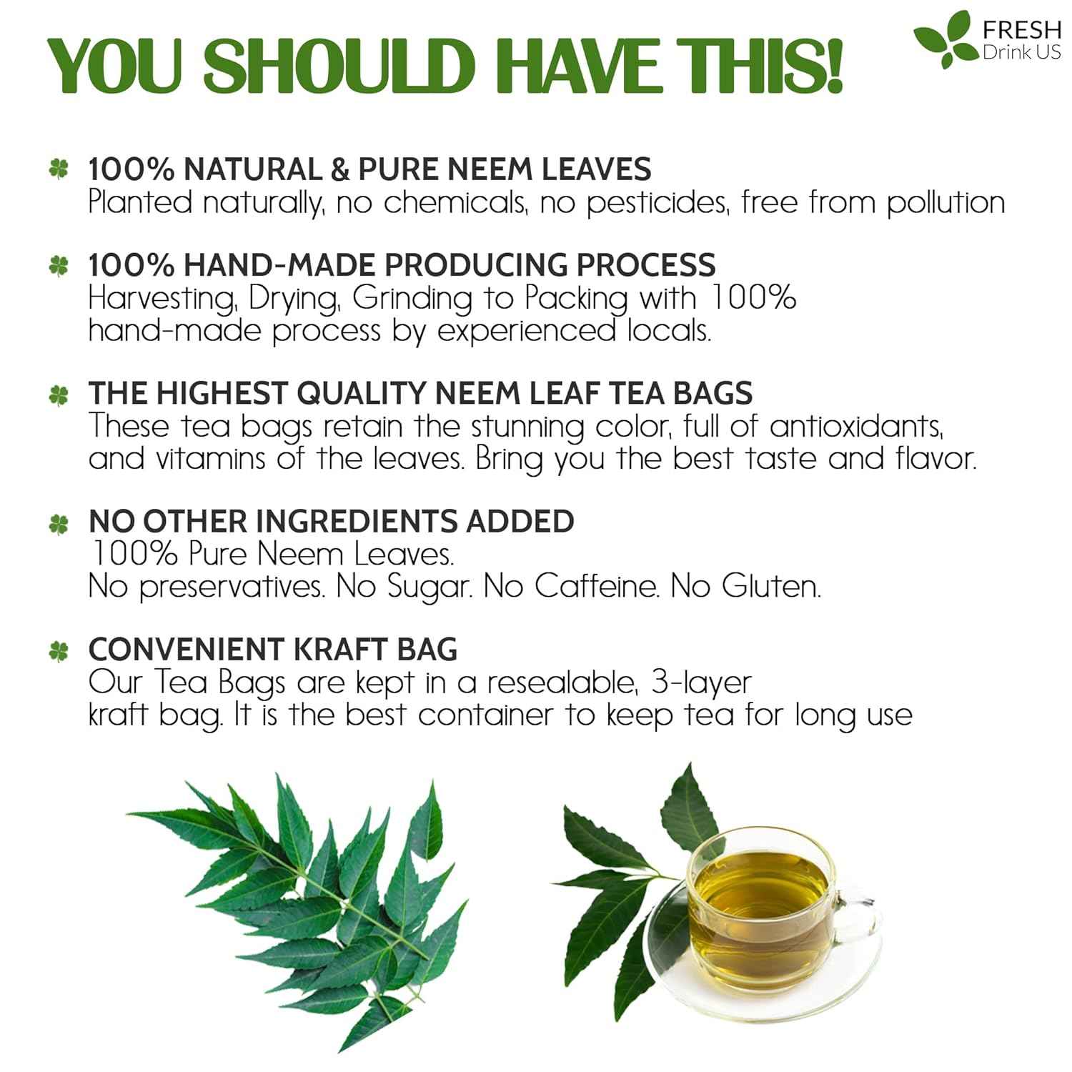 Neem Leaf Tea Bags, 100% Natural and Pure from Neem Leaves. Loose Leaf Neem Herbal Tea. Neem Leaf Tea. No Sugar, No Caffeine, No Gluten, Vegan.