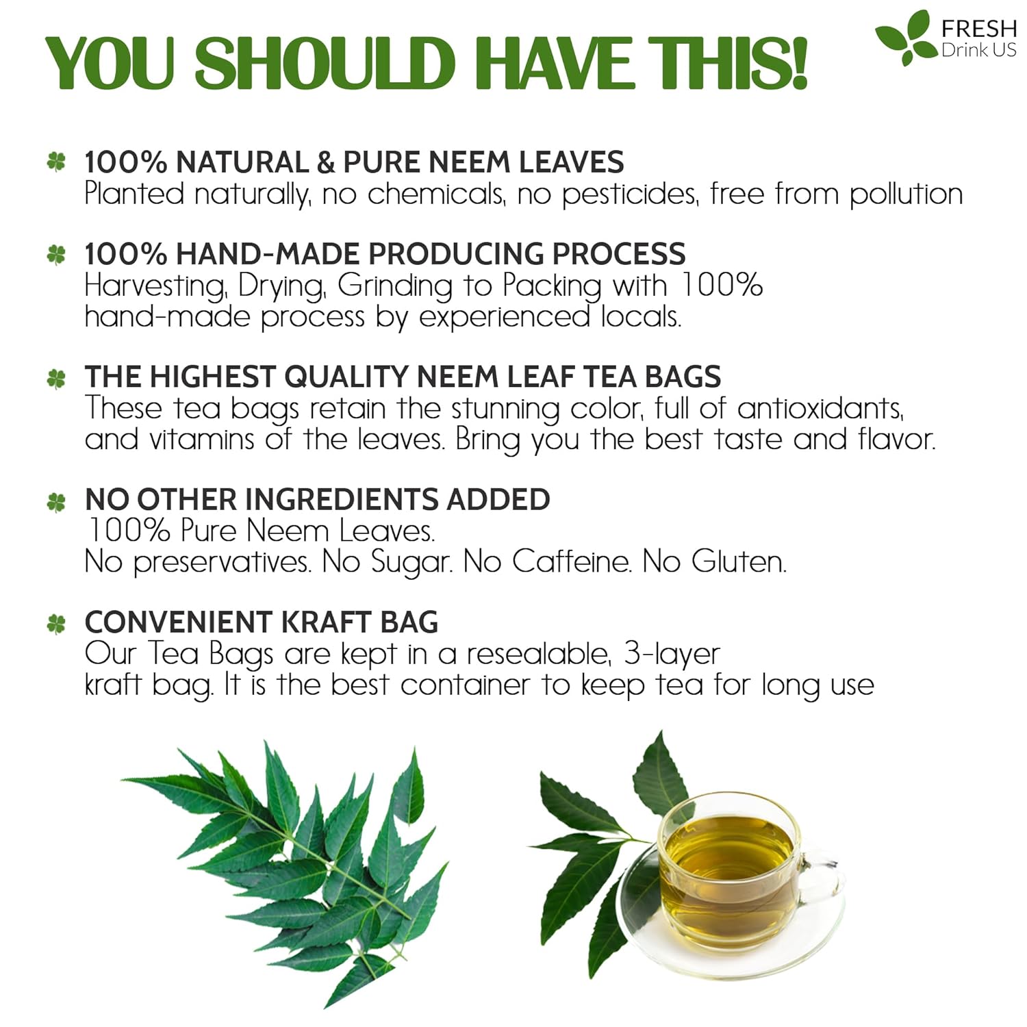 Neem Leaf Tea Bags, 100% Natural and Pure from Neem Leaves. Loose Leaf Neem Herbal Tea. Neem Leaf Tea. No Sugar, No Caffeine, No Gluten, Vegan. by FreshDrinkUS - Natural and Premium Herbal Tea