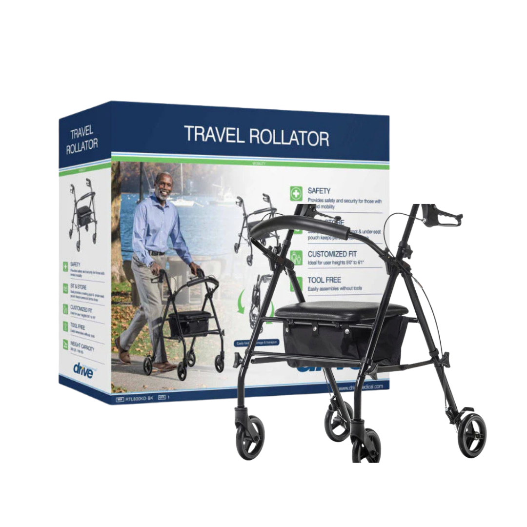 Drive Medical Travel Rollator 4-Wheel Walker Black DestGlow