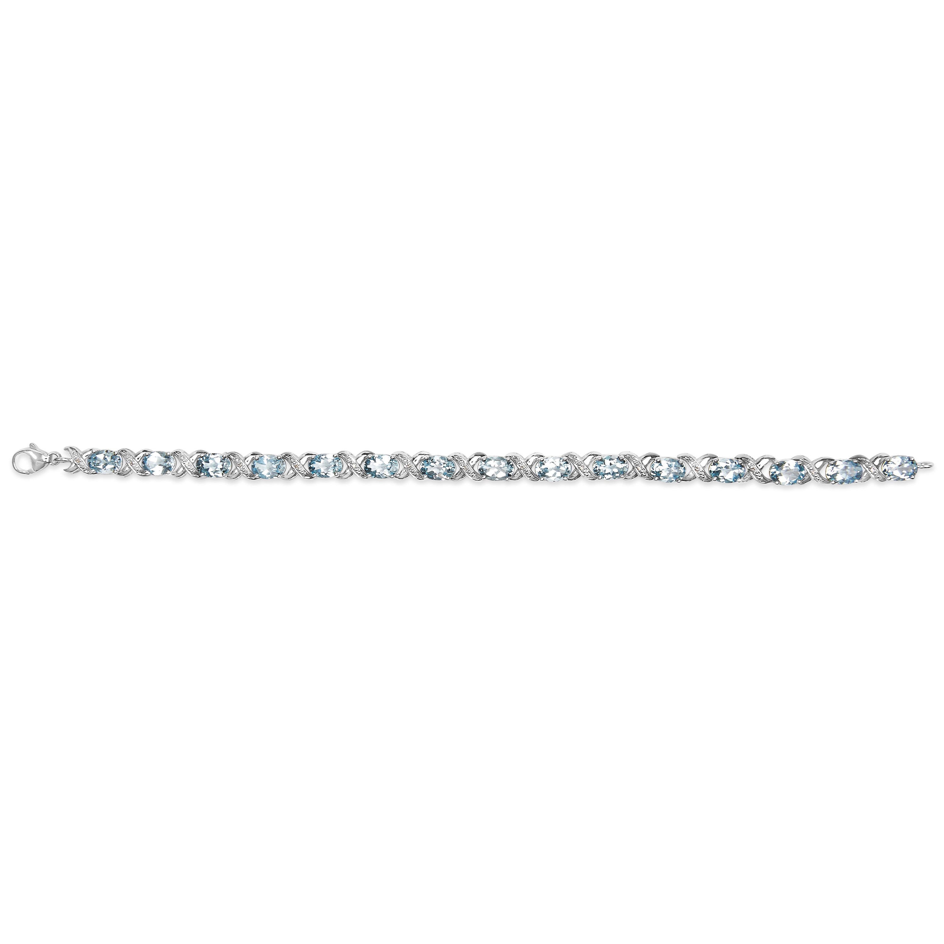 .925 Sterling Silver 16.0 Cttw Oval Blue Topaz and Diamond Accent Tennis X Link Bracelet (I-J Color, I1-I2 Clarity) - Size 7" Inch DestGlow