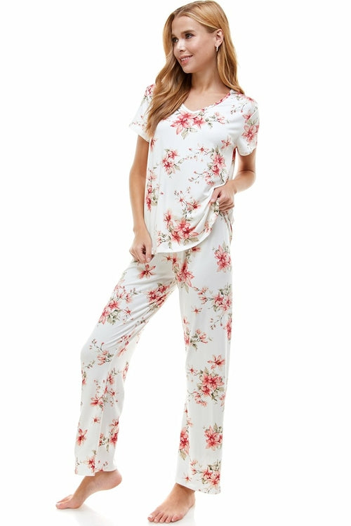 Women's Floral Print Lounge Set - Soft Pajama Top & Pants (Size L)