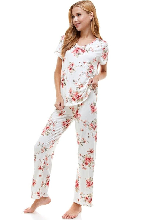 Women's Floral Print Lounge Set - Soft Pajama Top & Pants (Size L)