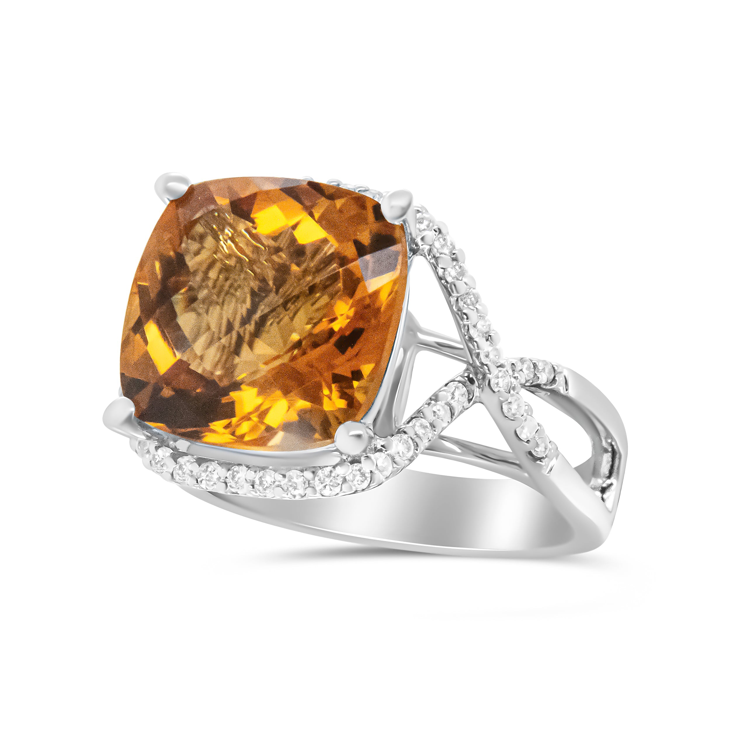 14K White Gold 12mm Cushion Cut Yellow Citrine Gemstone and 1/3 Cttw Round Pave-Set Diamond Ring - (H-I Color, VS1-VS2 Clarity)- Size 6.5 DestGlow