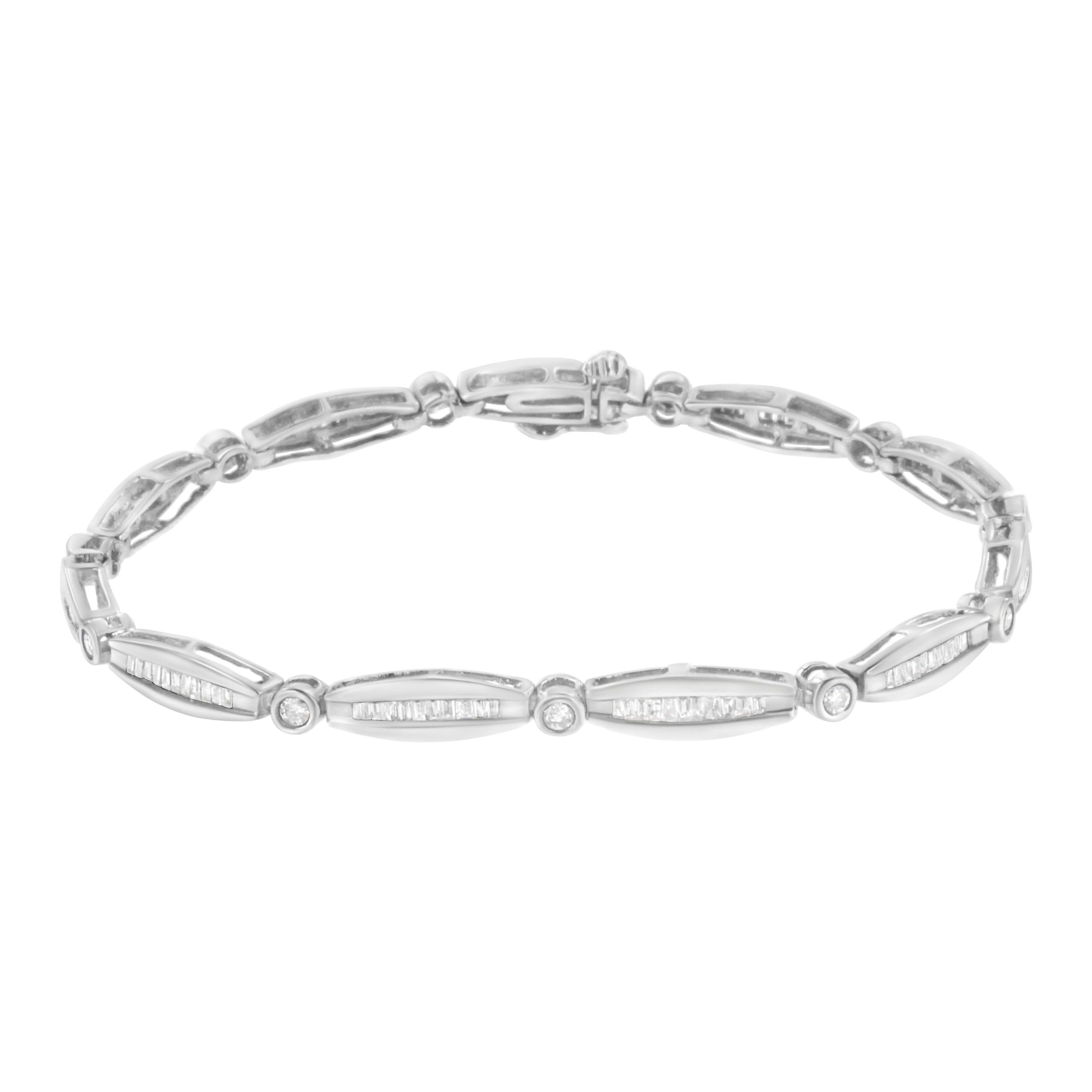 14K White Gold 1-1/2 Cttw Round Brilliant-Cut & Baguette Cut Diamond Bezel and Tapered Link 7" Tennis Bracelet (H-I Color, I1-I2 Clarity) by Bids.com