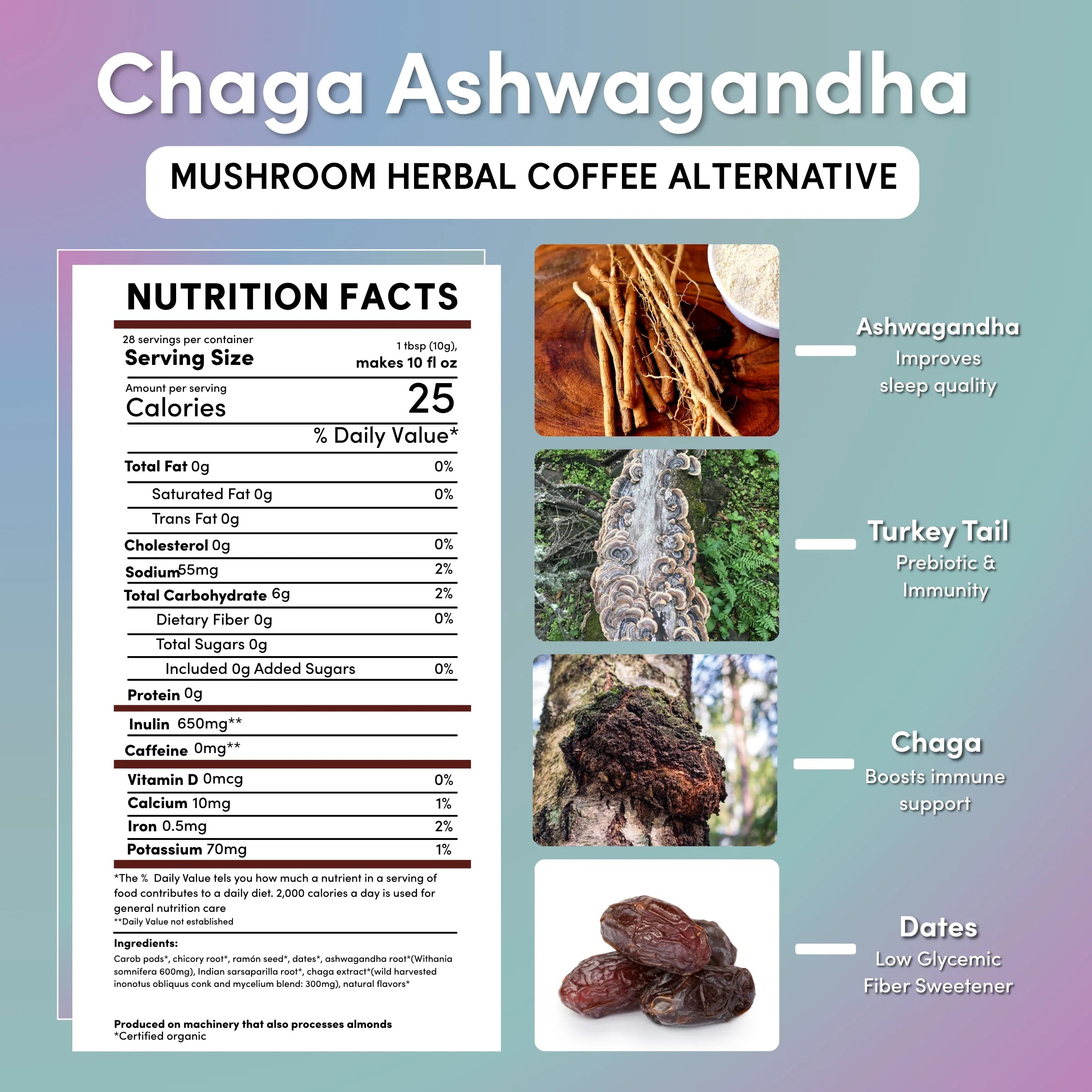 Chaga Ashwagandha Butterscotch Cream Mushroom Herbal Coffee DestGlow