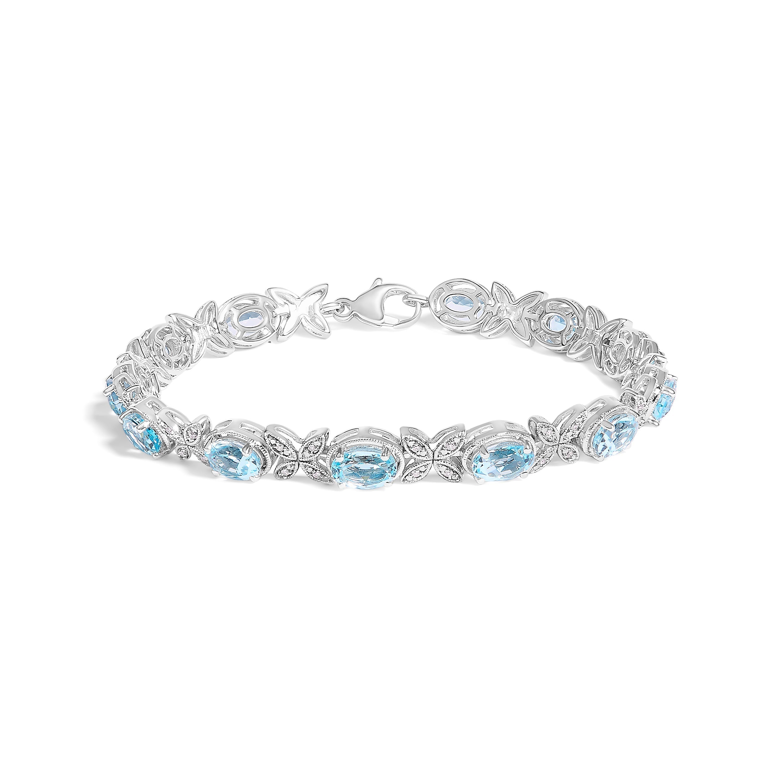 .925 Sterling Silver Oval Blue Topaz Diamond Butterfly Link Bracelet (I-J Color, I1-I2 Clarity) - Size 7" Inches DestGlow