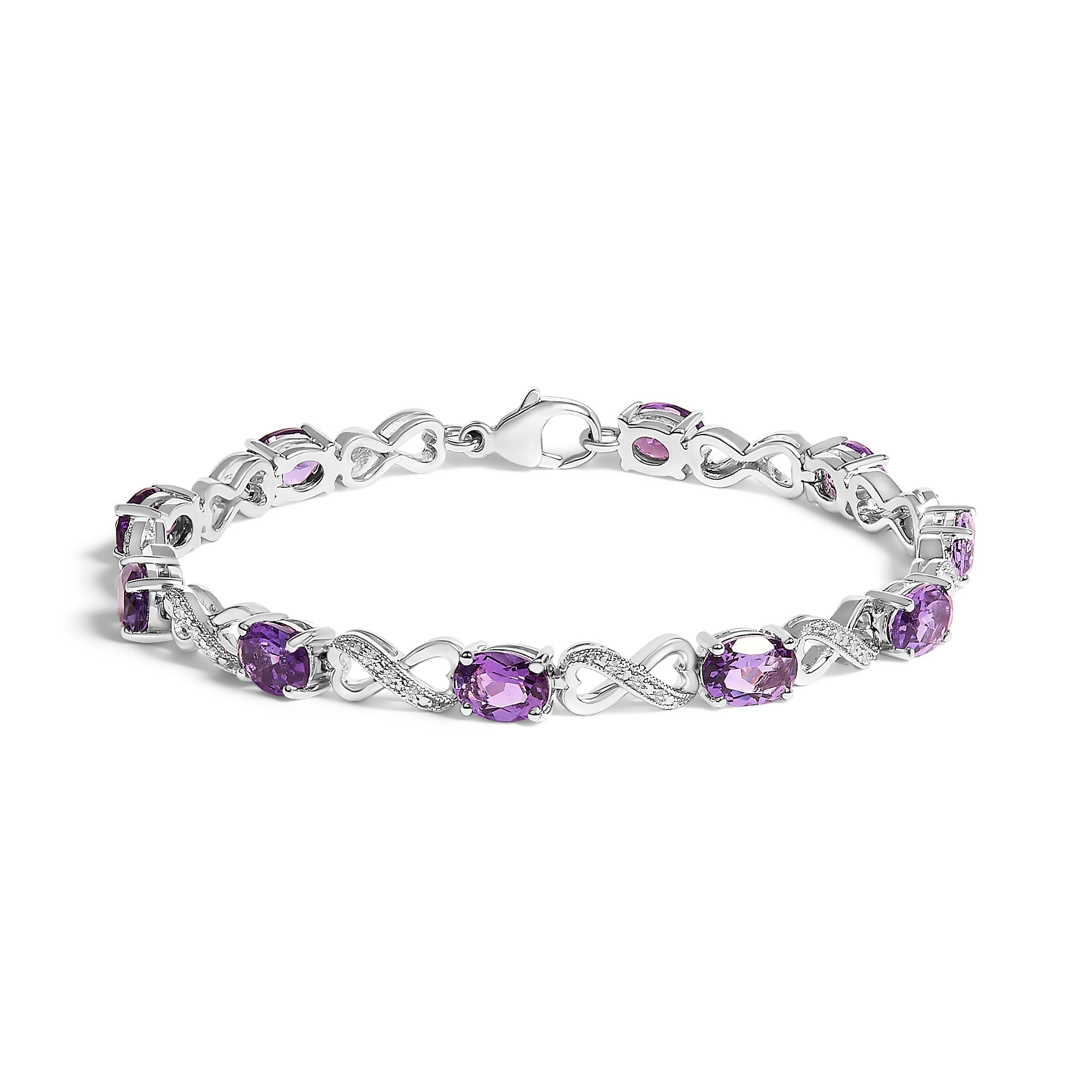 .925 Sterling Silver Oval Purple Amethyst and Diamond Infinity Link Bracelet (I-J Color, I1-I2 Clarity) - 7" Inches DestGlow