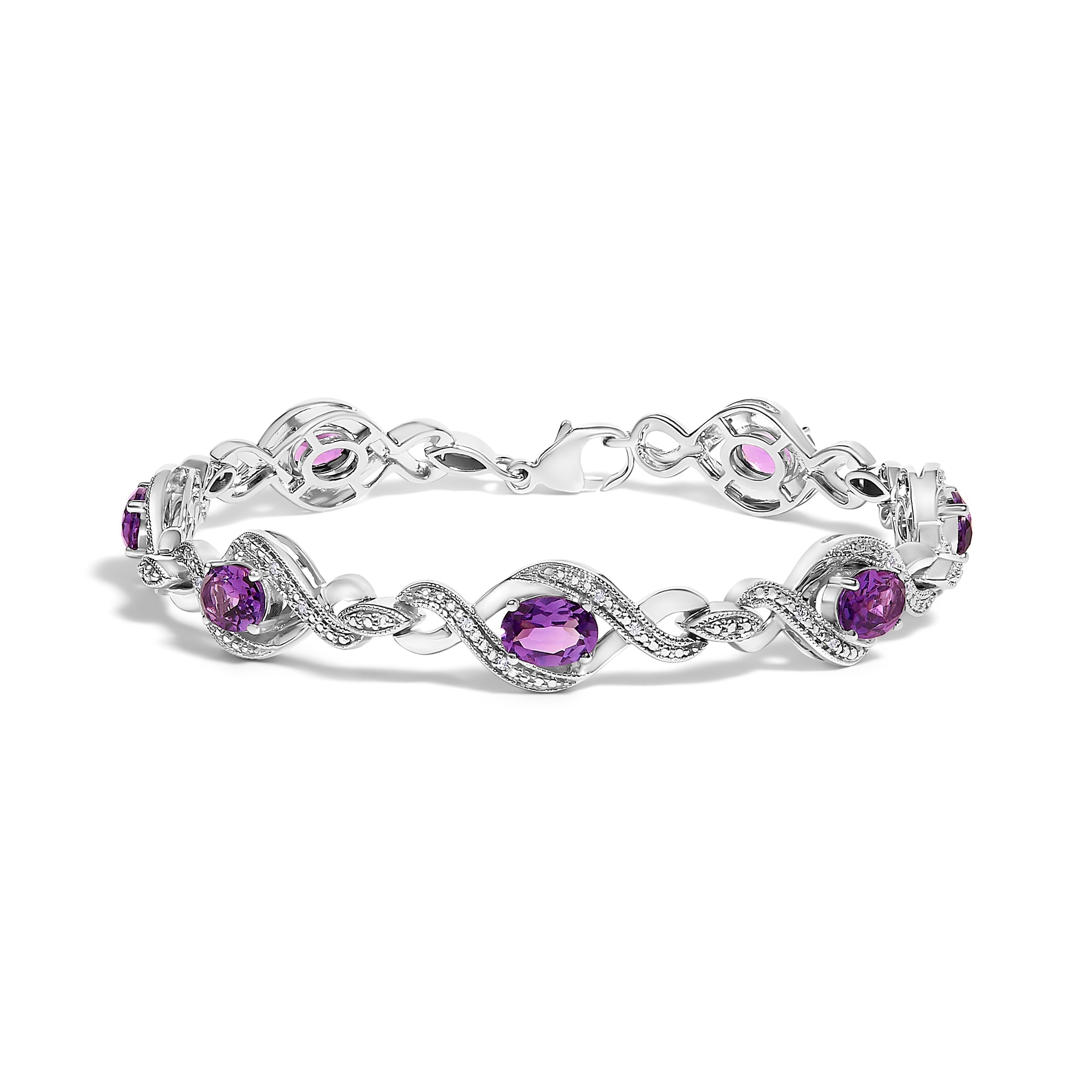 .925 Sterling Silver 1/10 Cttw Natural Round Diamond and 7X5MM Oval Amethyst Cross Tennis Bracelet (I-J Color, I1-I2 Clarity) - 7" DestGlow