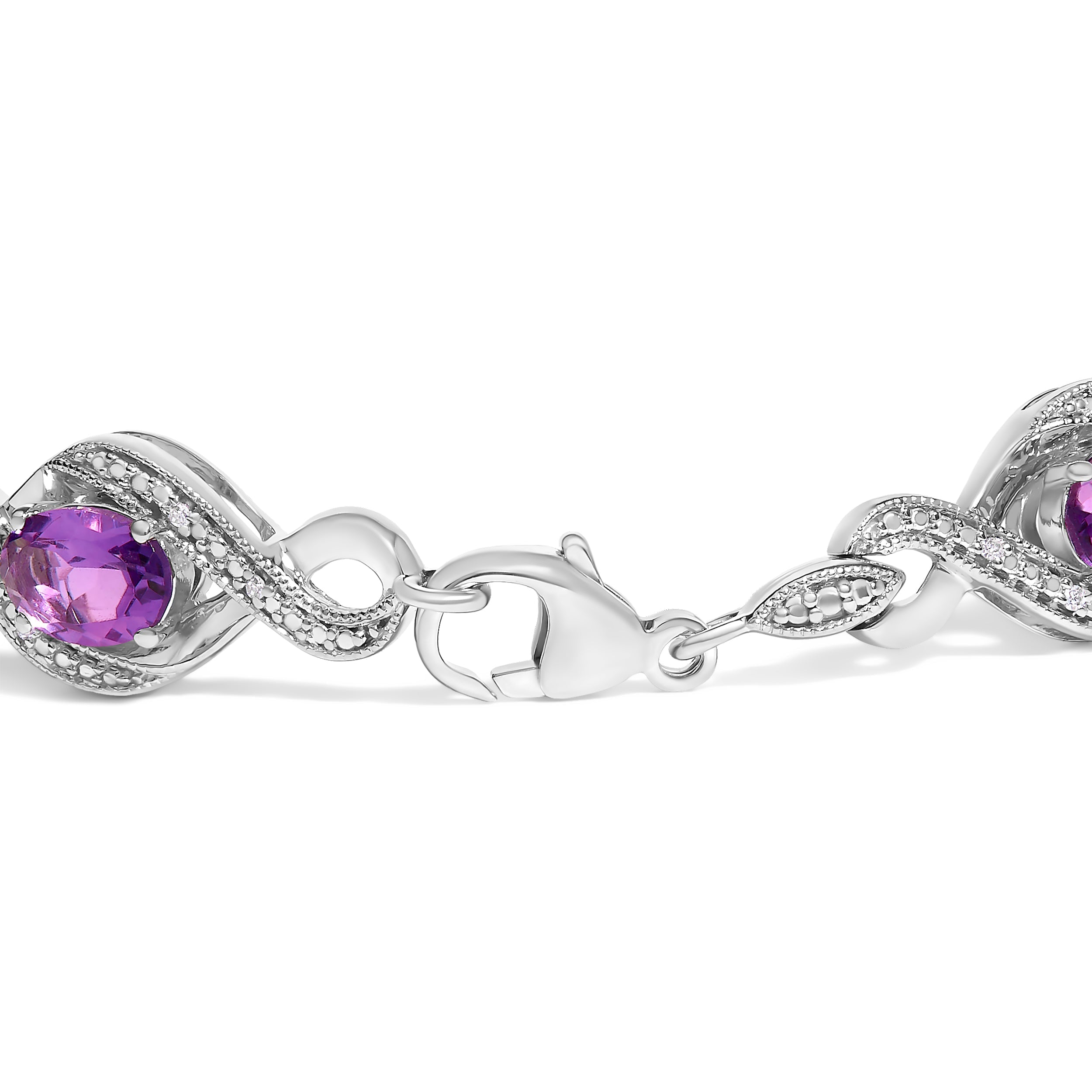 .925 Sterling Silver 1/10 Cttw Natural Round Diamond and 7X5MM Oval Amethyst Cross Tennis Bracelet (I-J Color, I1-I2 Clarity) - 7" DestGlow