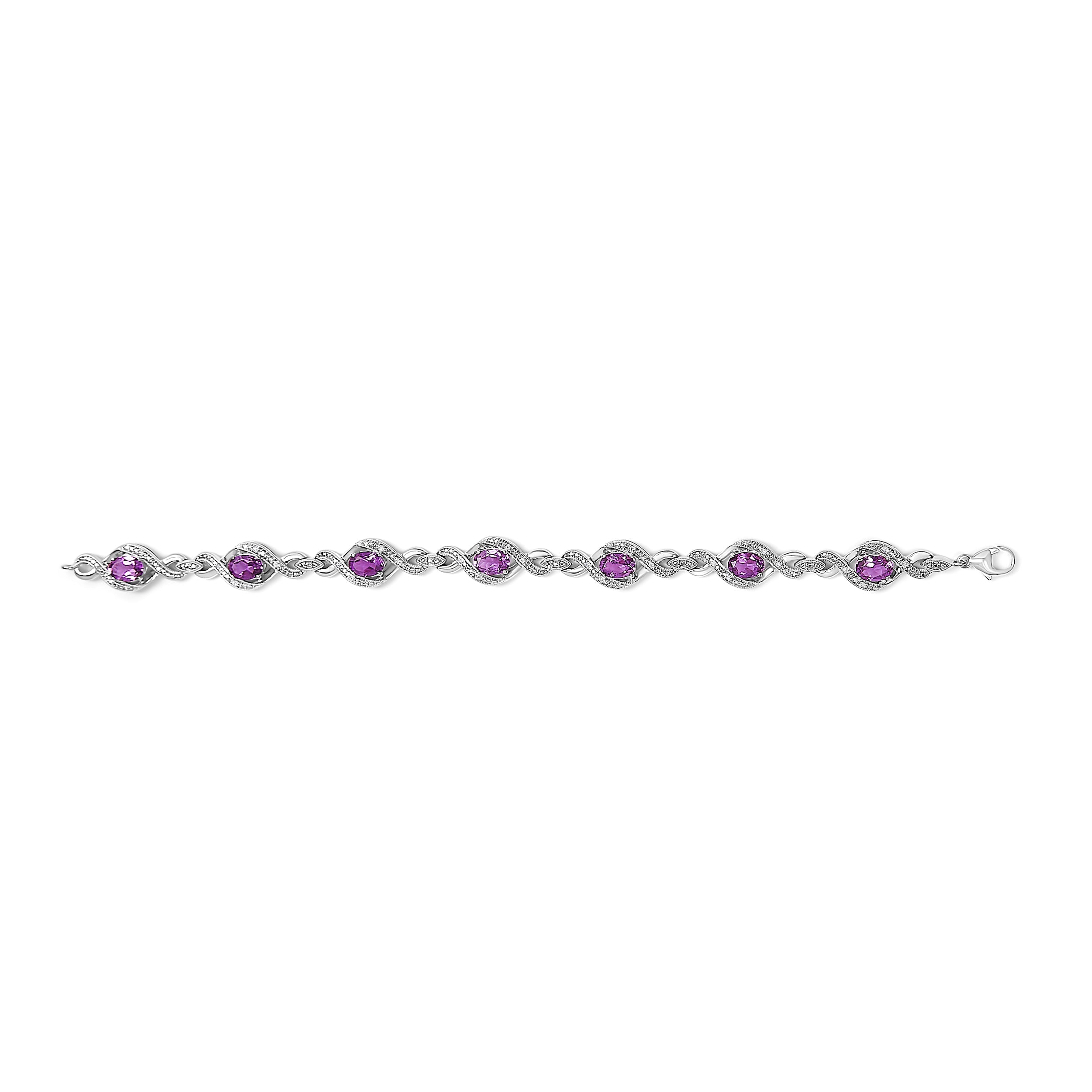 .925 Sterling Silver 1/10 Cttw Natural Round Diamond and 7X5MM Oval Amethyst Cross Tennis Bracelet (I-J Color, I1-I2 Clarity) - 7" DestGlow