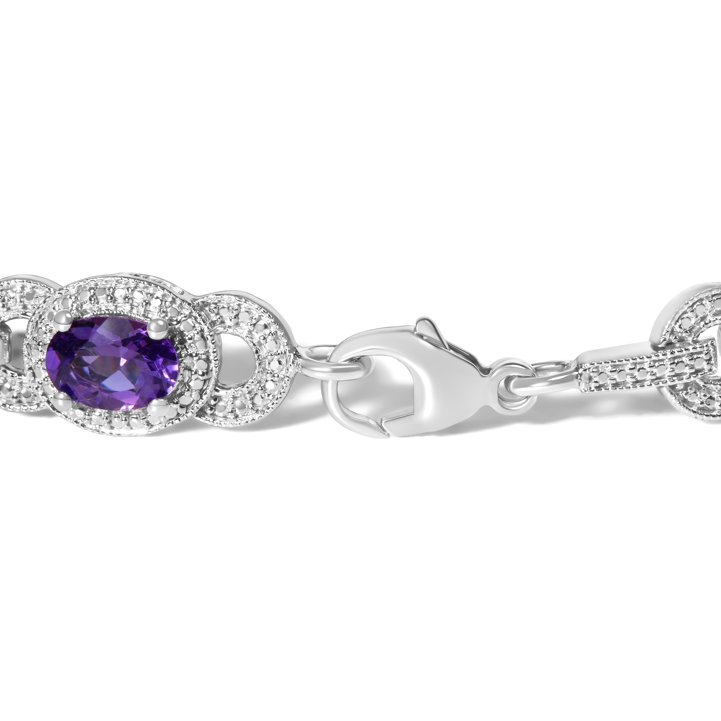Sterling Silver Oval Purple Amethyst and Diamond Interlocking Halo Link Bracelet by Bids.com
