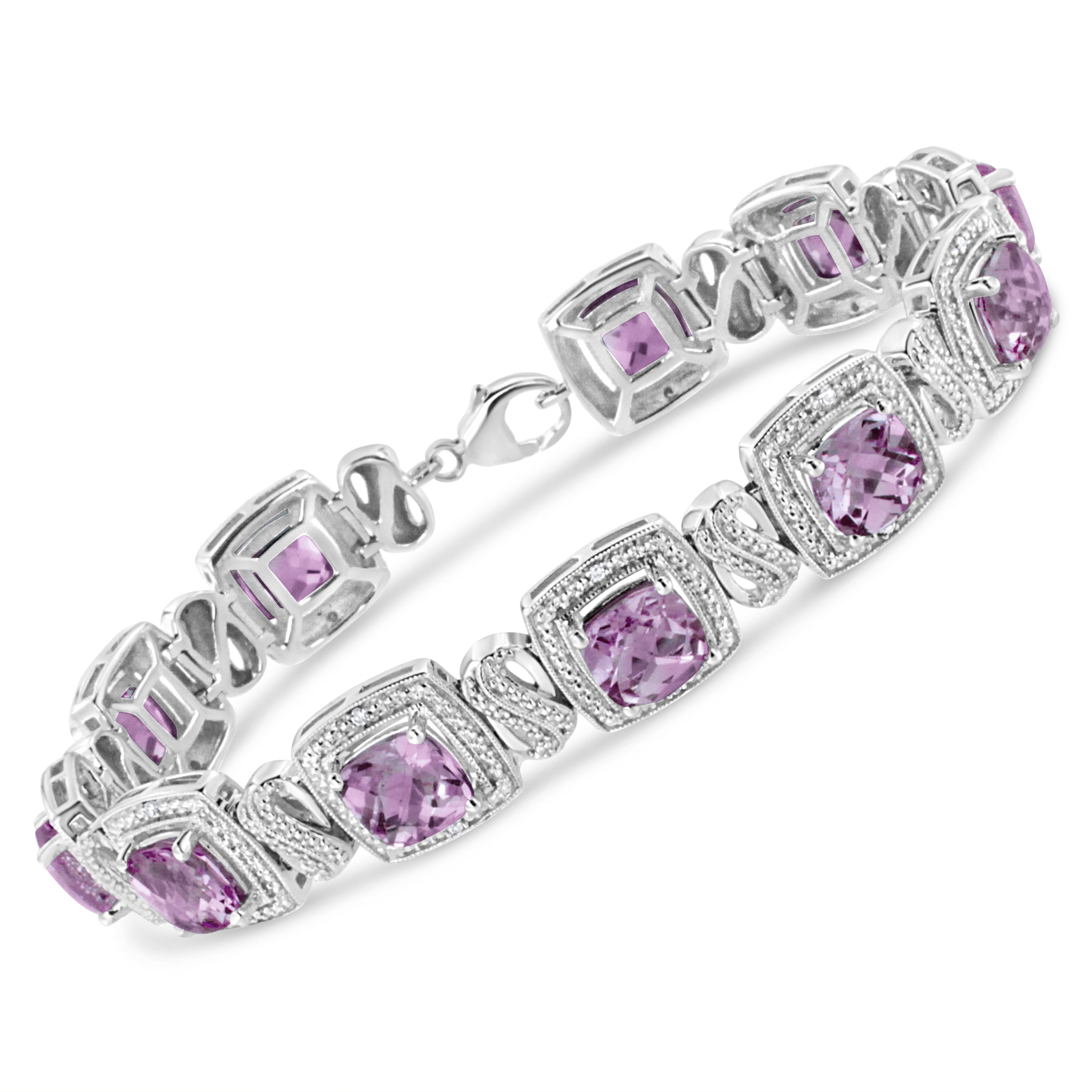 .925 Sterling Silver 7x7 mm Cushion Cut Purple Amethyst and 1/10 cttw Round Cut Diamond Square Shape Tennis Bracelet (I-J Color, I1-I2 Clarity) - 7" DestGlow