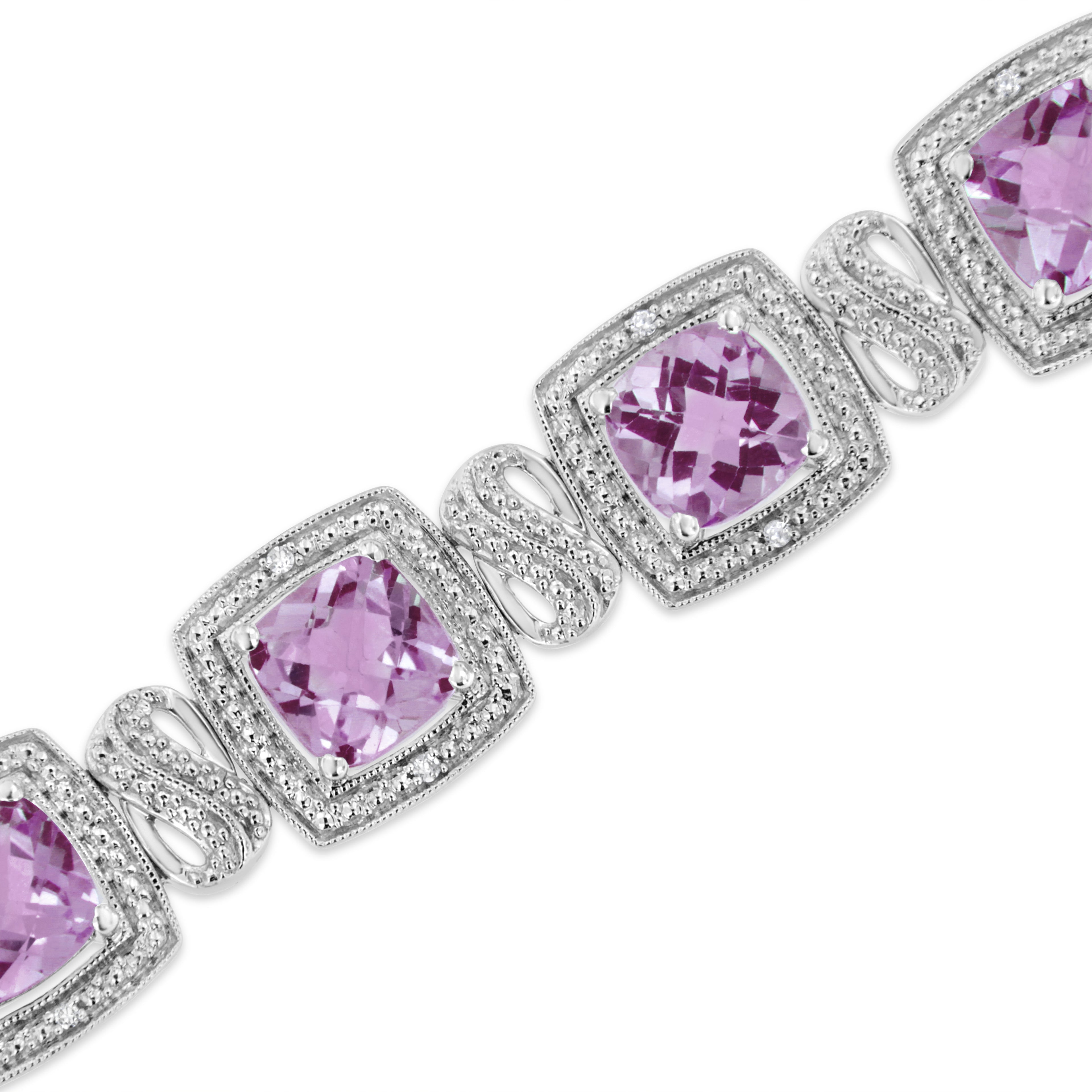 .925 Sterling Silver 7x7 mm Cushion Cut Purple Amethyst and 1/10 cttw Round Cut Diamond Square Shape Tennis Bracelet (I-J Color, I1-I2 Clarity) - 7" DestGlow