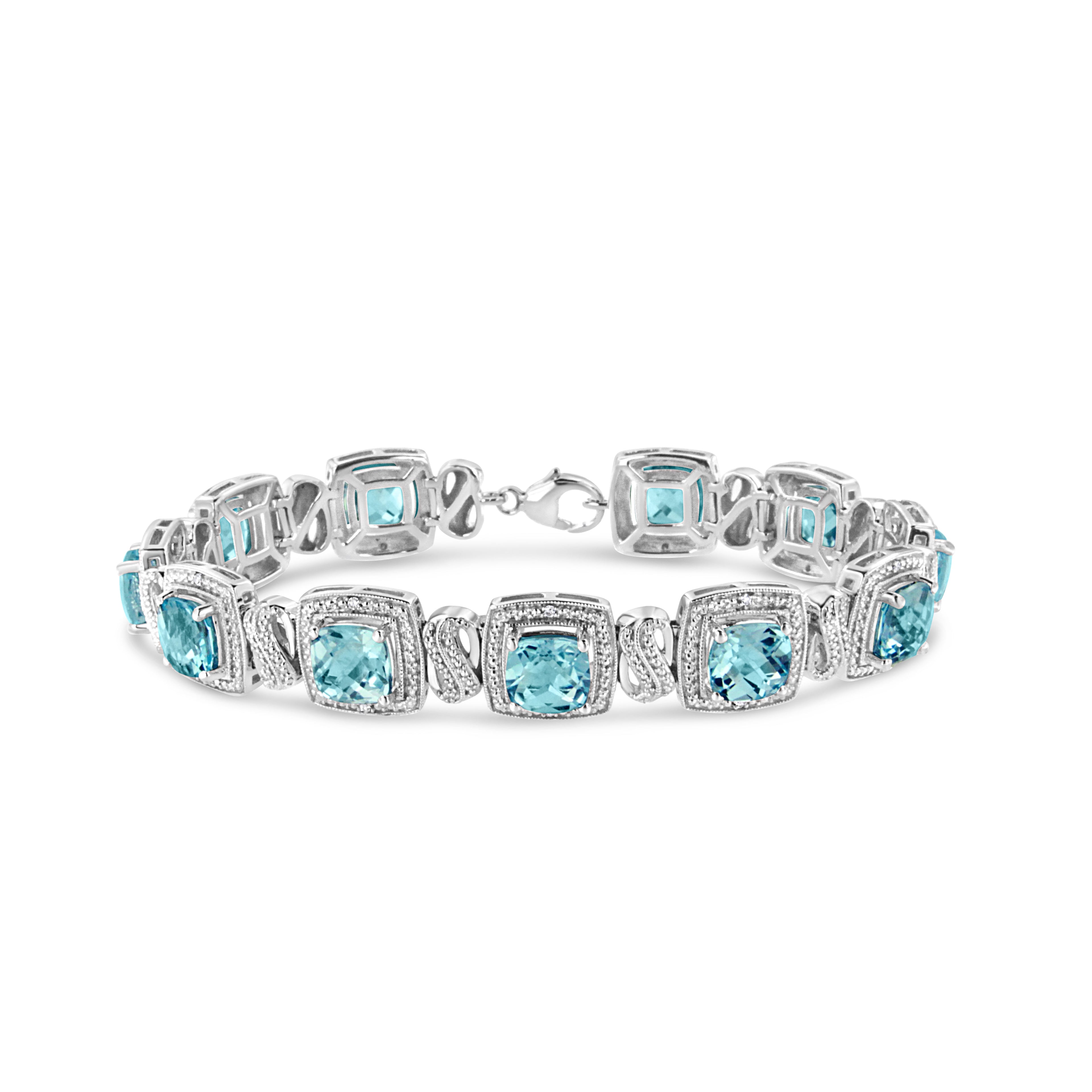 .925 Sterling Silver 7x7 mm Cushion Cut Blue Topaz and 1/10 Ctw Single Cut Diamond Square Shape Tennis Bracelet (I-J Color, I1-I2 Clarity) - 7" DestGlow