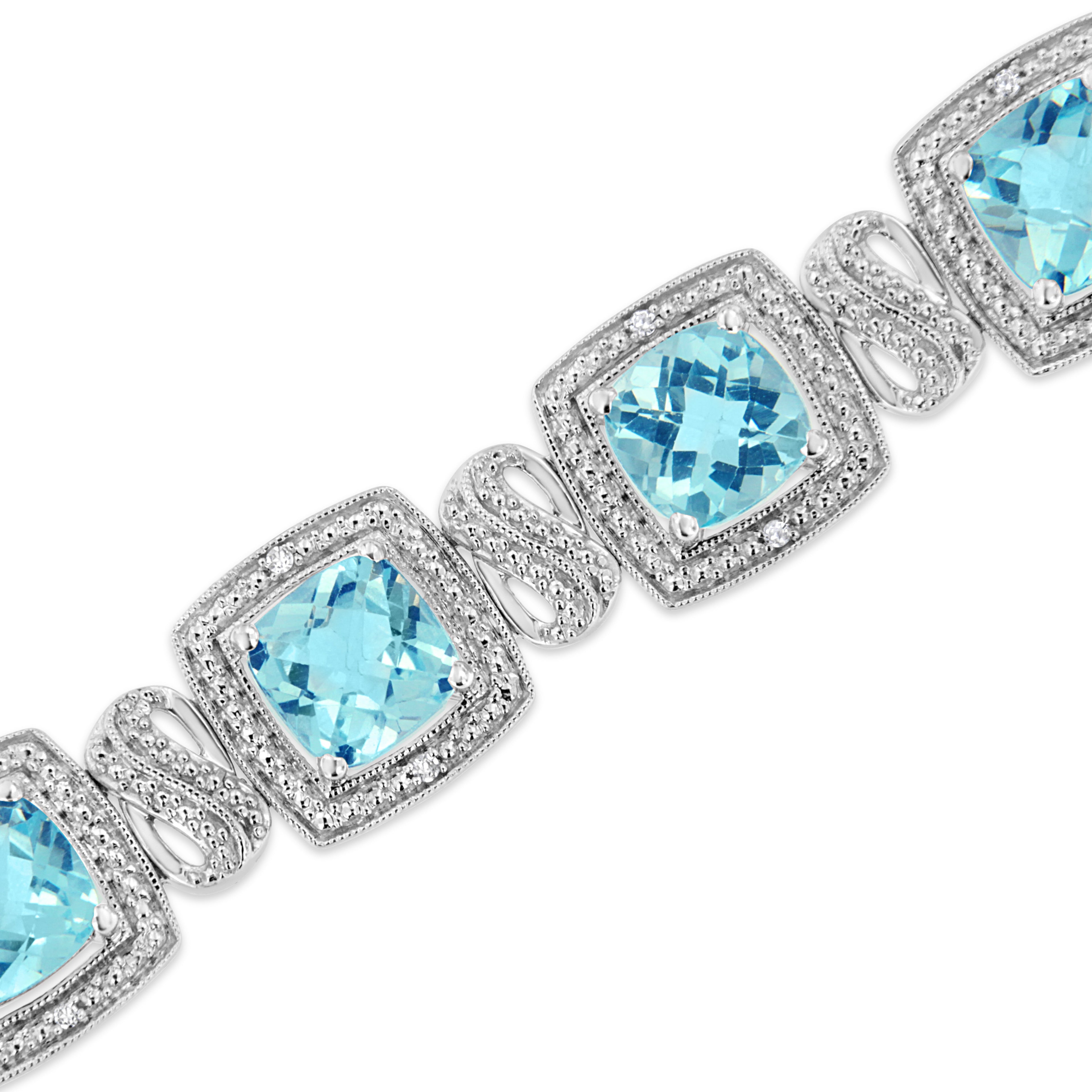 .925 Sterling Silver 7x7 mm Cushion Cut Blue Topaz and 1/10 Ctw Single Cut Diamond Square Shape Tennis Bracelet (I-J Color, I1-I2 Clarity) - 7" DestGlow